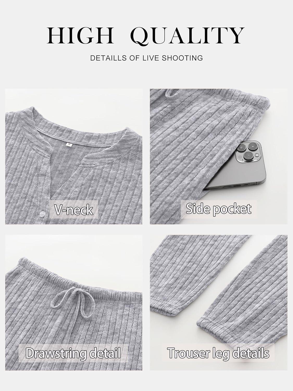 imageANRABESS Womens Lounge Set 2025 Fall 2 Piece Outfit Long Sleeve Pajamas Sets Henley Top ampamp Pants Loungewear ClothingGrey