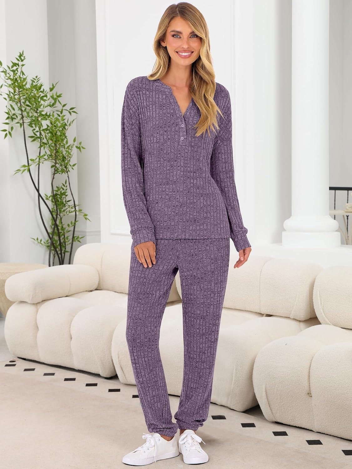 imageANRABESS Womens Lounge Set 2025 Fall 2 Piece Outfit Long Sleeve Pajamas Sets Henley Top ampamp Pants Loungewear ClothingPurple