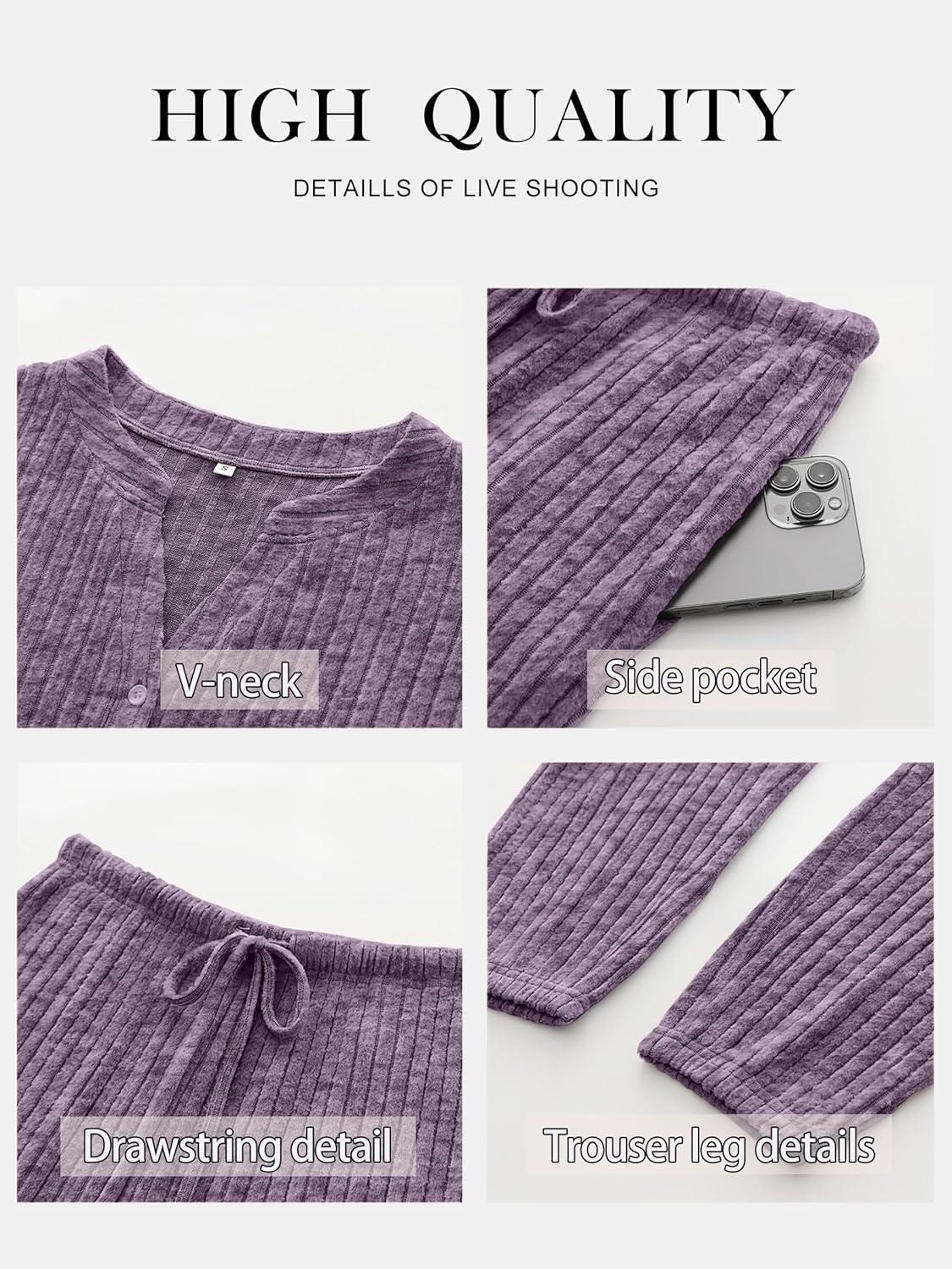 imageANRABESS Womens Lounge Set 2025 Fall 2 Piece Outfit Long Sleeve Pajamas Sets Henley Top ampamp Pants Loungewear ClothingPurple