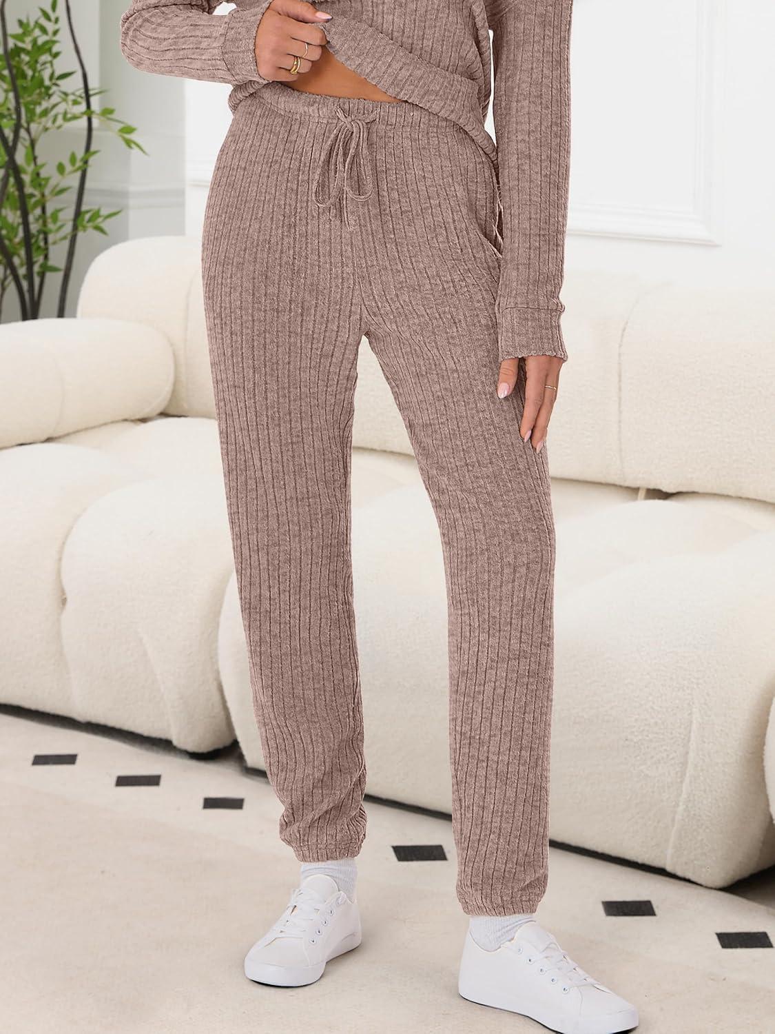 imageANRABESS Womens Lounge Set 2025 Fall 2 Piece Outfit Long Sleeve Pajamas Sets Henley Top ampamp Pants Loungewear ClothingTan