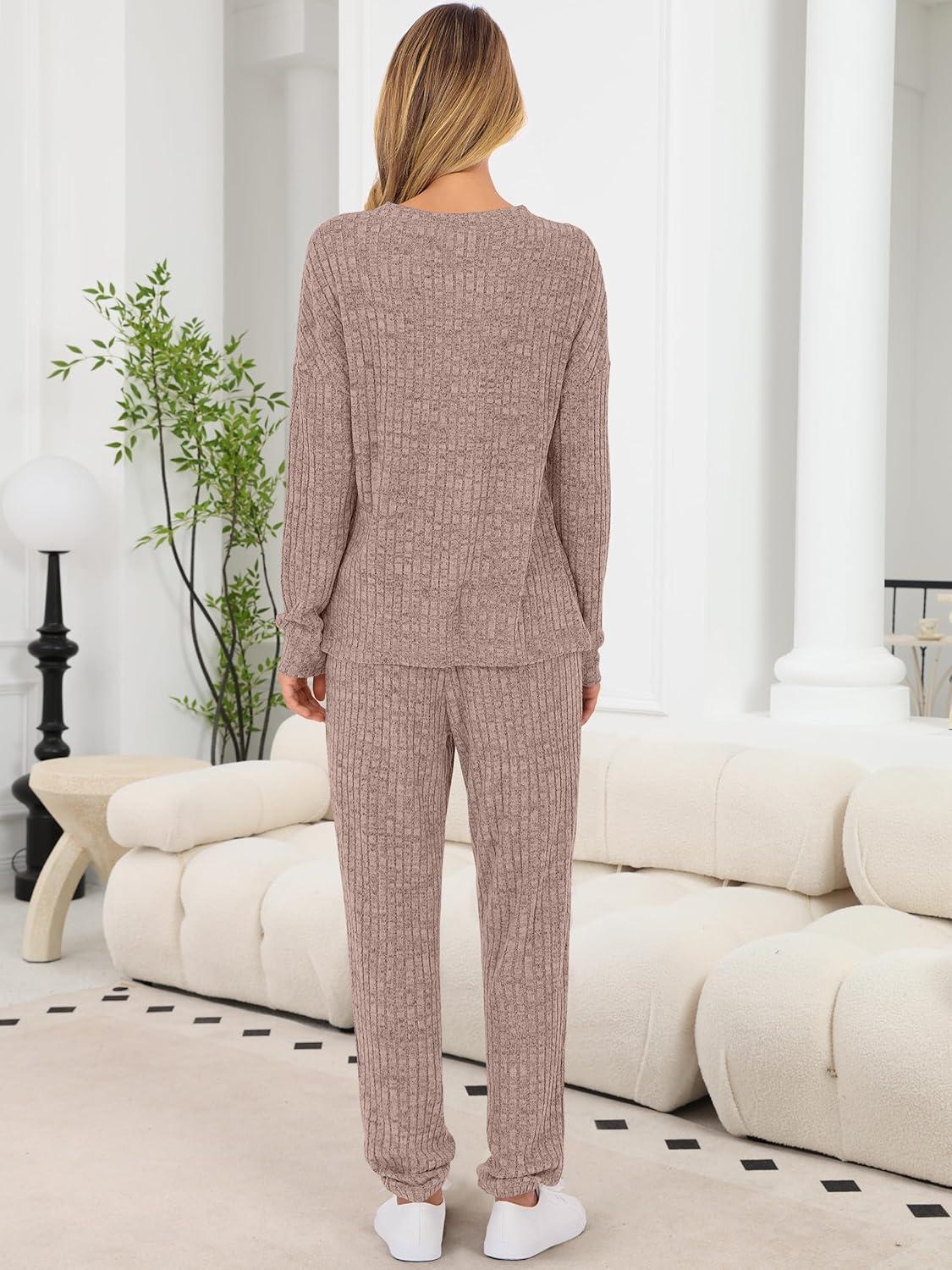 imageANRABESS Womens Lounge Set 2025 Fall 2 Piece Outfit Long Sleeve Pajamas Sets Henley Top ampamp Pants Loungewear ClothingTan