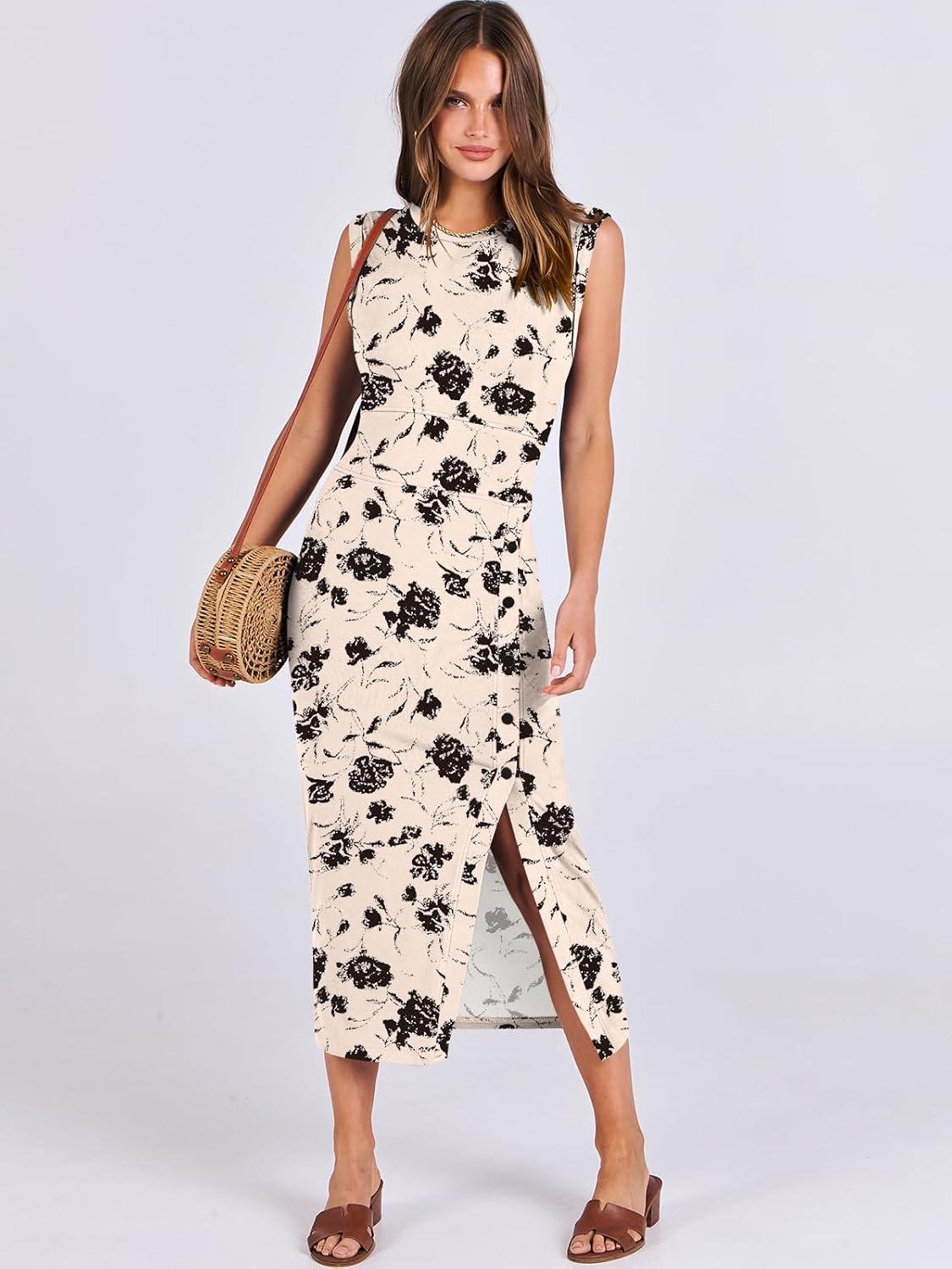 imageANRABESS Womens Slim Fit Tank Dresses Sexy Button Slit Bodycon Business Work Sundresses 2025 Summer Trendy Club Midi DressBlack Flower