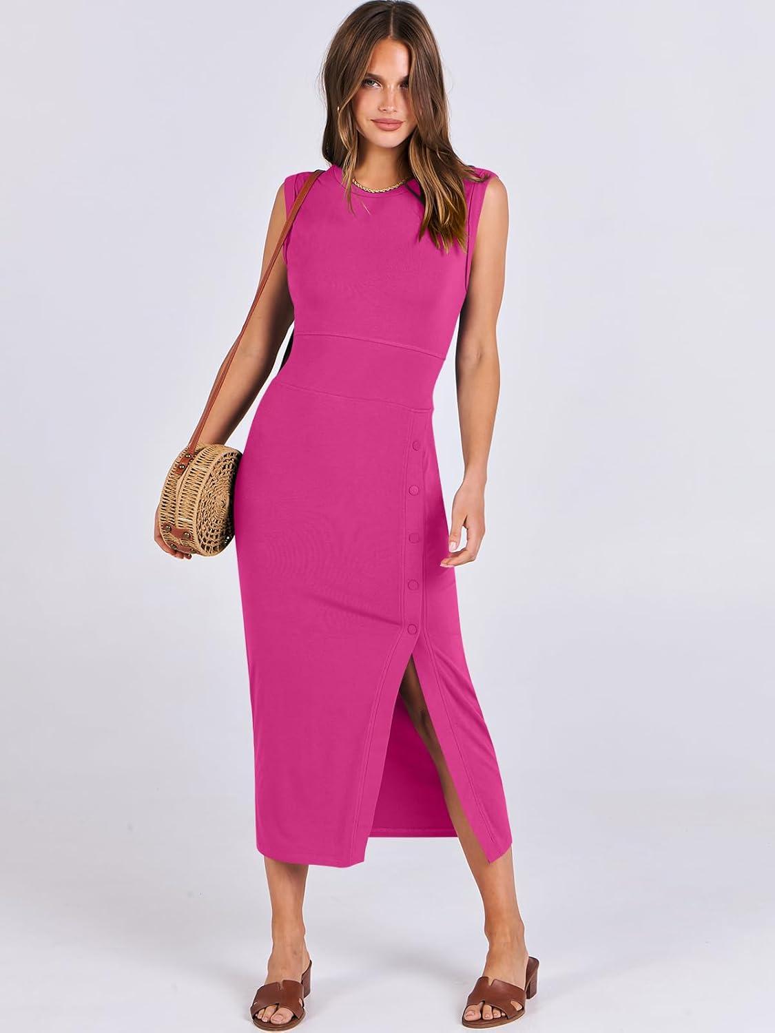 imageANRABESS Womens Slim Fit Tank Dresses Sexy Button Slit Bodycon Business Work Sundresses 2025 Summer Trendy Club Midi DressHot Pink