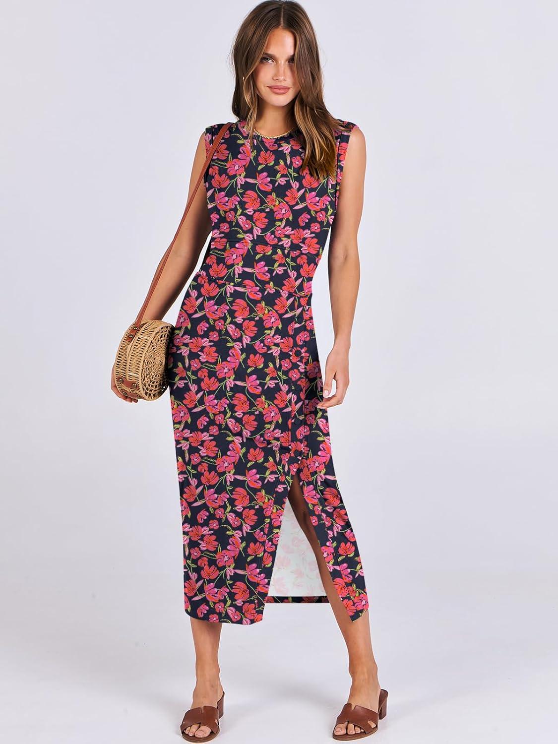 imageANRABESS Womens Slim Fit Tank Dresses Sexy Button Slit Bodycon Business Work Sundresses 2025 Summer Trendy Club Midi DressRose Red Flower