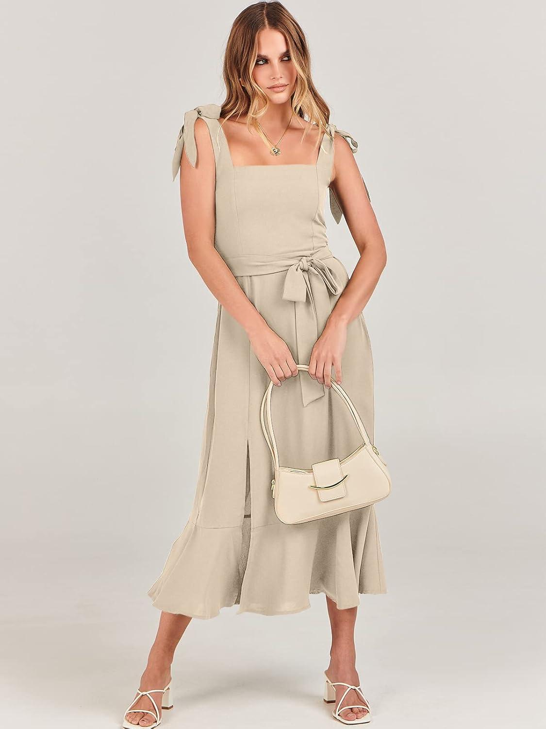 imageANRABESS Womens Square Neck Ruffle Split Midi Elegant Formal Wedding Guest Cocktail Bridesmaid Graduation Party DressesApricot