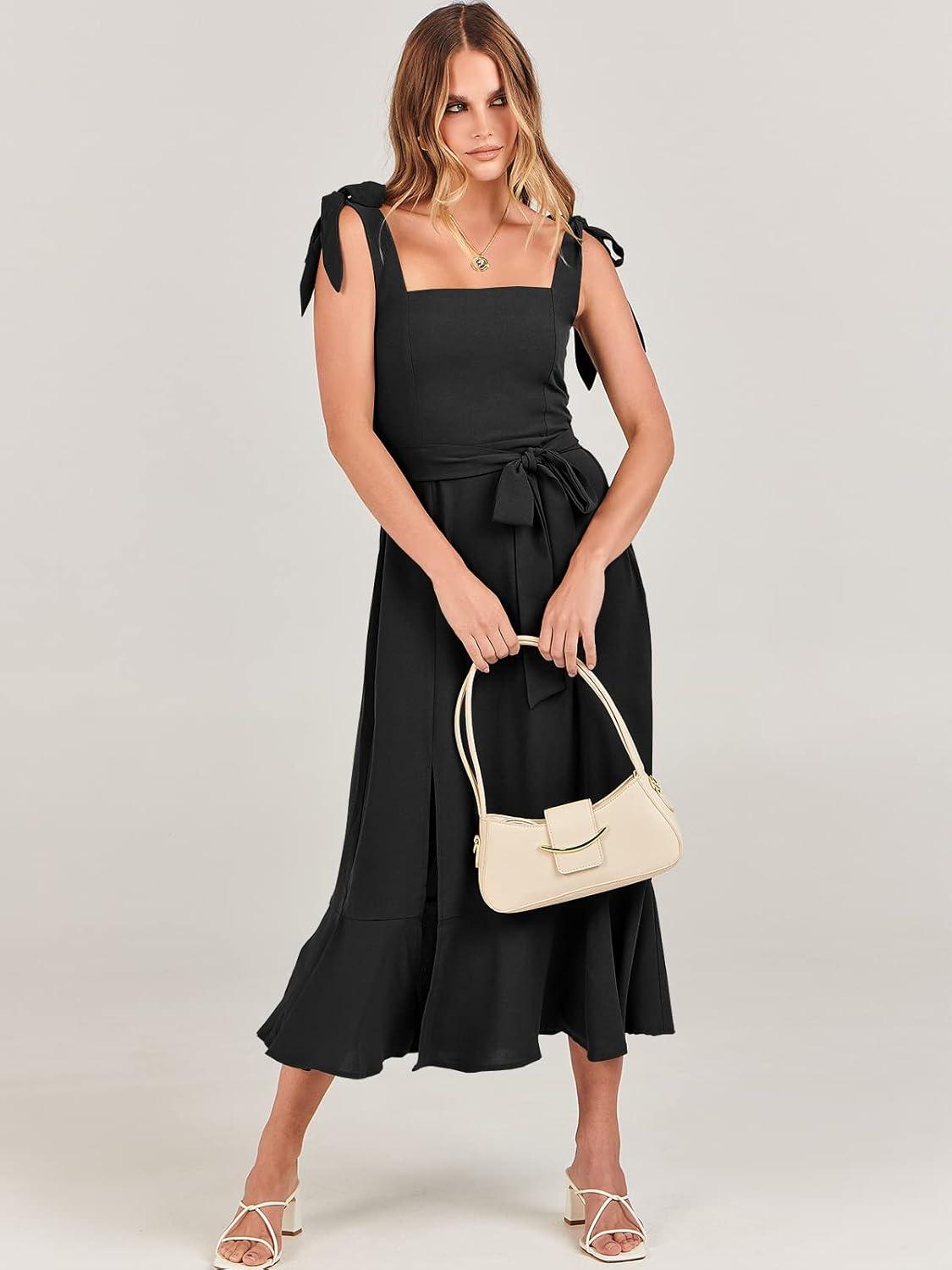 imageANRABESS Womens Square Neck Ruffle Split Midi Elegant Formal Wedding Guest Cocktail Bridesmaid Graduation Party DressesBlack