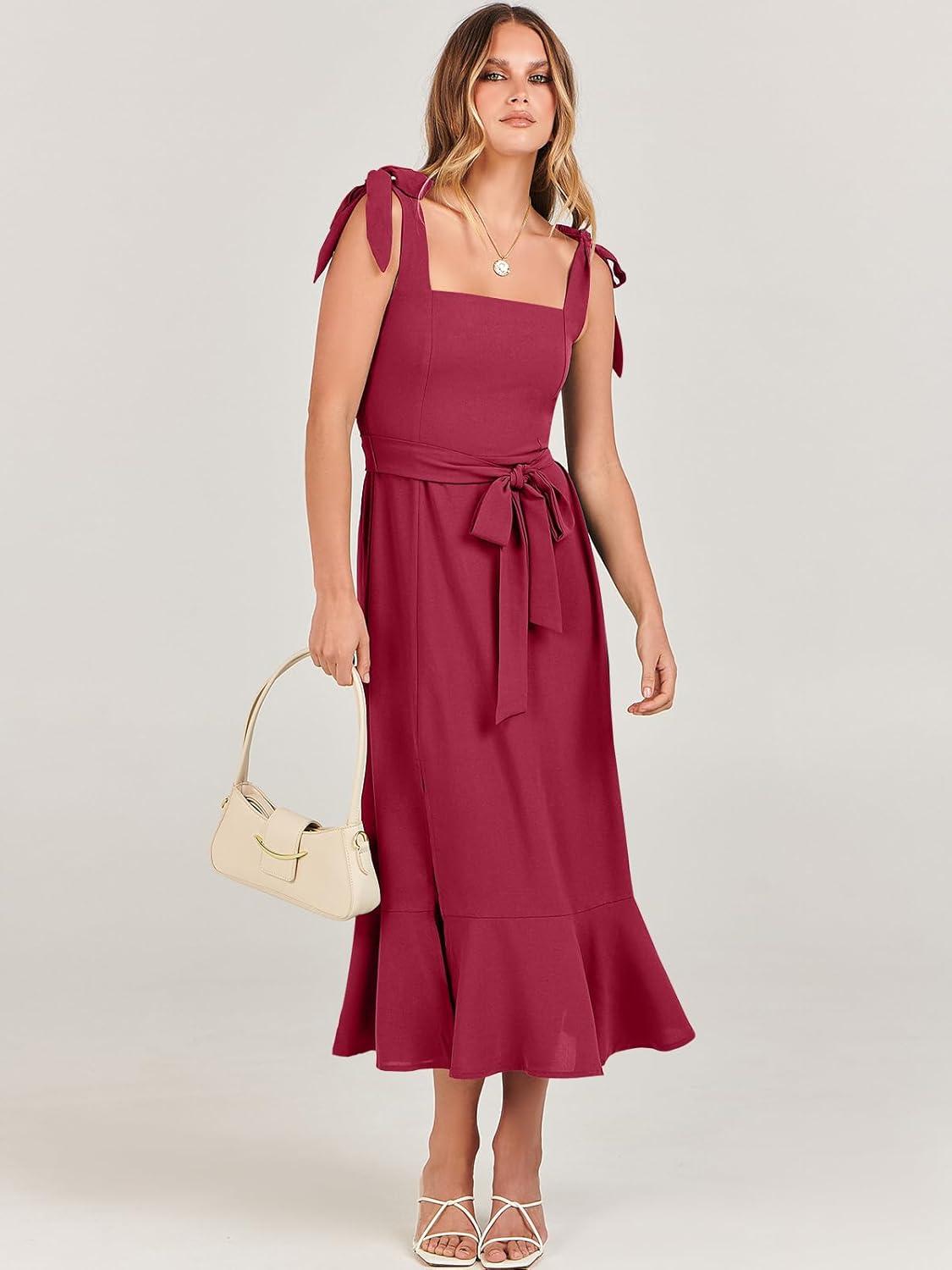 imageANRABESS Womens Square Neck Ruffle Split Midi Elegant Formal Wedding Guest Cocktail Bridesmaid Graduation Party DressesDark Red