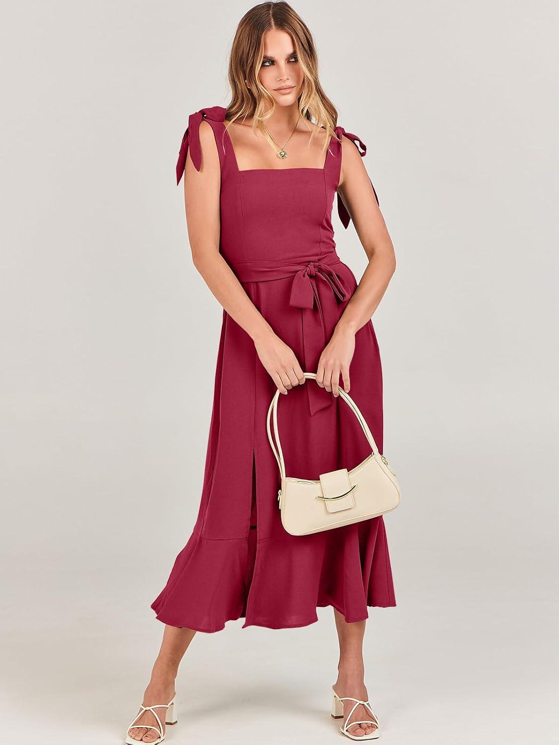 imageANRABESS Womens Square Neck Ruffle Split Midi Elegant Formal Wedding Guest Cocktail Bridesmaid Graduation Party DressesDark Red