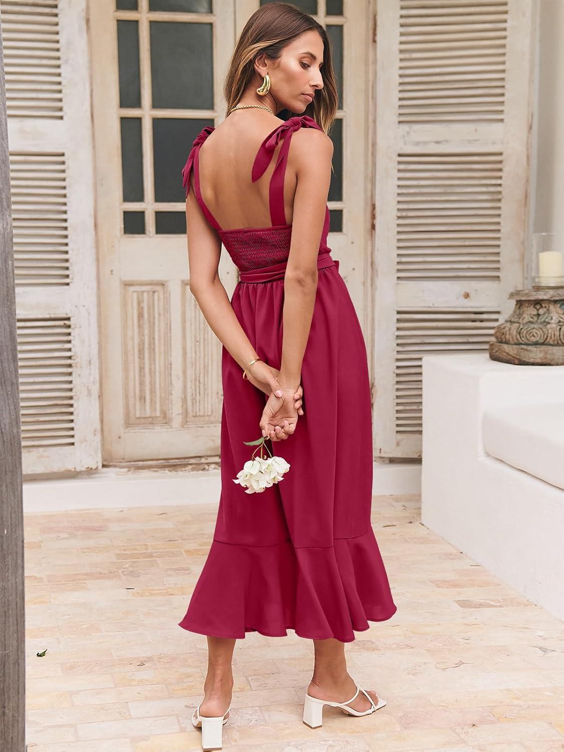 imageANRABESS Womens Square Neck Ruffle Split Midi Elegant Formal Wedding Guest Cocktail Bridesmaid Graduation Party DressesDark Red