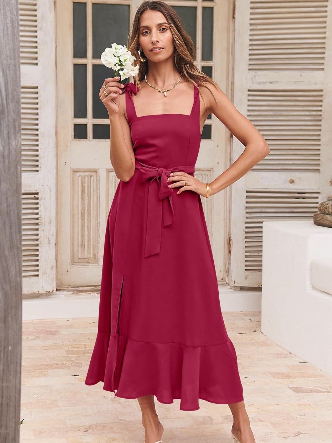 imageANRABESS Womens Square Neck Ruffle Split Midi Elegant Formal Wedding Guest Cocktail Bridesmaid Graduation Party DressesDark Red