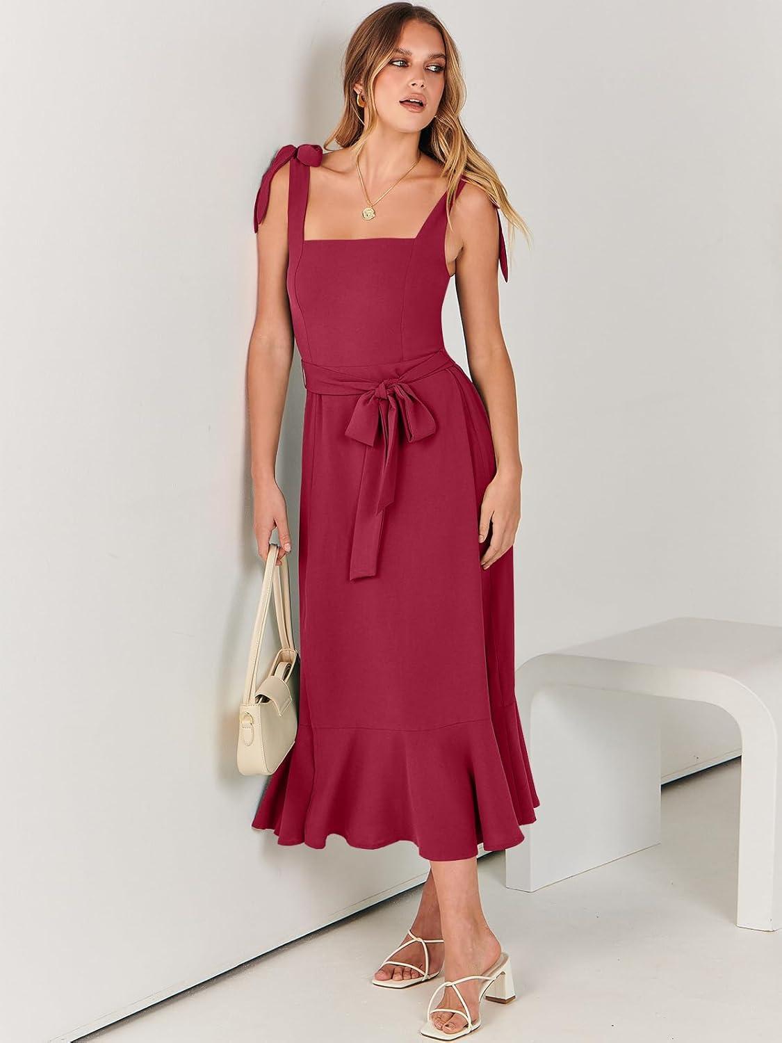 imageANRABESS Womens Square Neck Ruffle Split Midi Elegant Formal Wedding Guest Cocktail Bridesmaid Graduation Party DressesDark Red