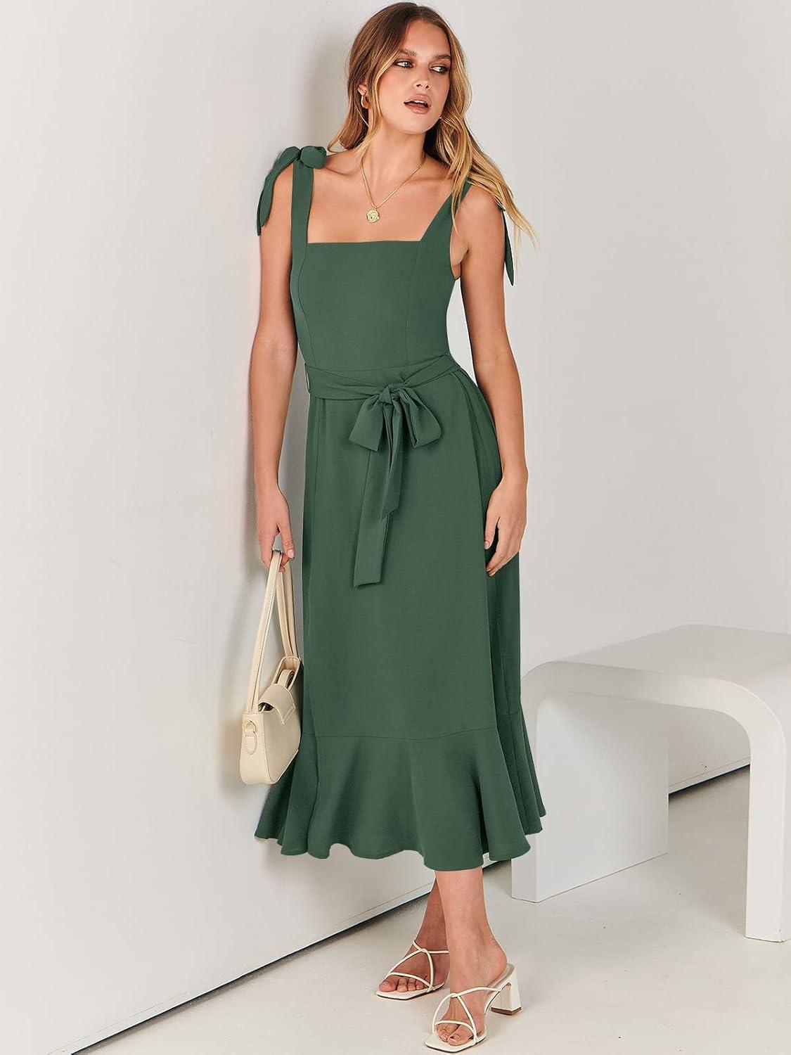 imageANRABESS Womens Square Neck Ruffle Split Midi Elegant Formal Wedding Guest Cocktail Bridesmaid Graduation Party DressesGreen