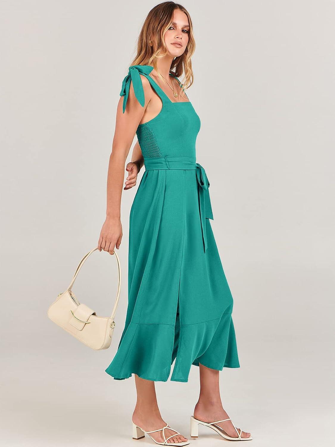 imageANRABESS Womens Square Neck Ruffle Split Midi Elegant Formal Wedding Guest Cocktail Bridesmaid Graduation Party DressesLake Green