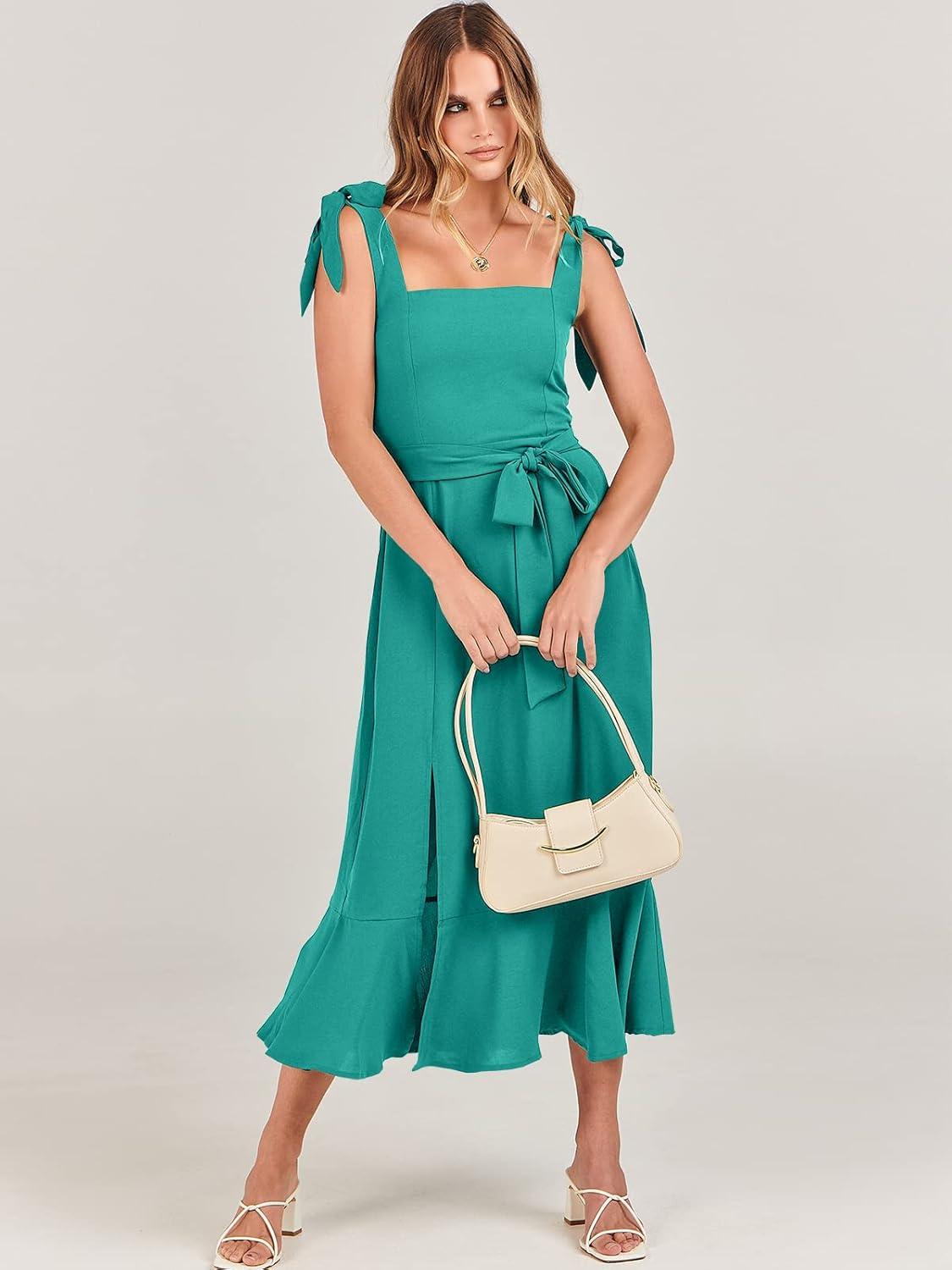 imageANRABESS Womens Square Neck Ruffle Split Midi Elegant Formal Wedding Guest Cocktail Bridesmaid Graduation Party DressesLake Green