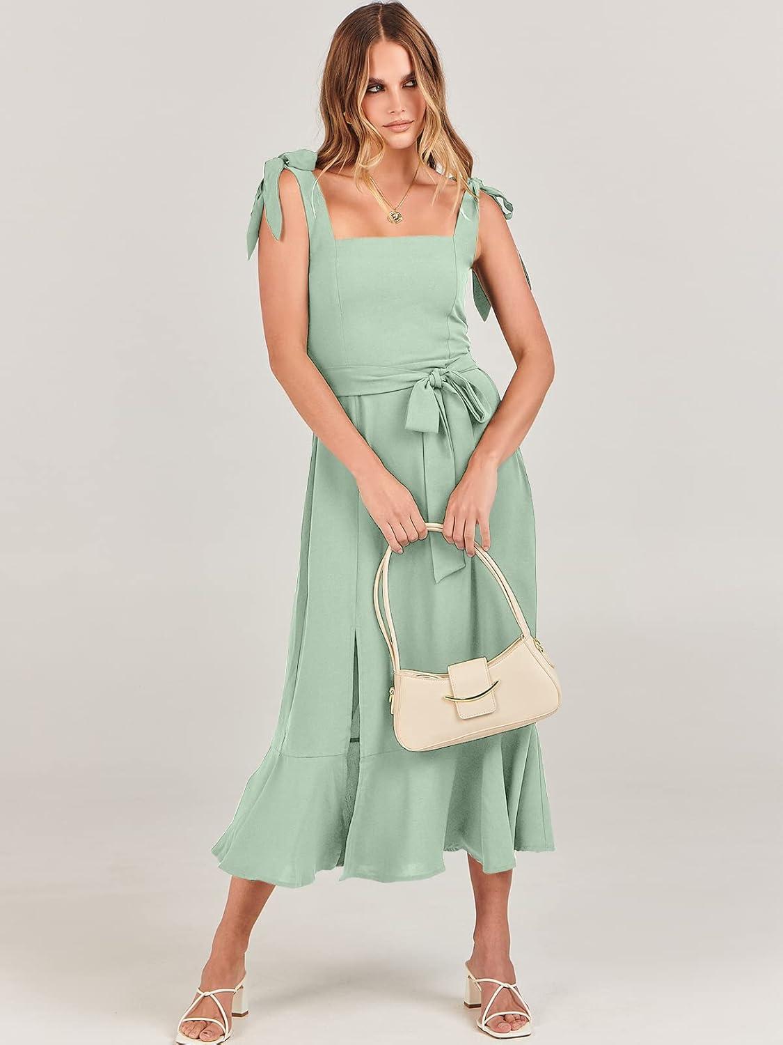 imageANRABESS Womens Square Neck Ruffle Split Midi Elegant Formal Wedding Guest Cocktail Bridesmaid Graduation Party DressesLight Green