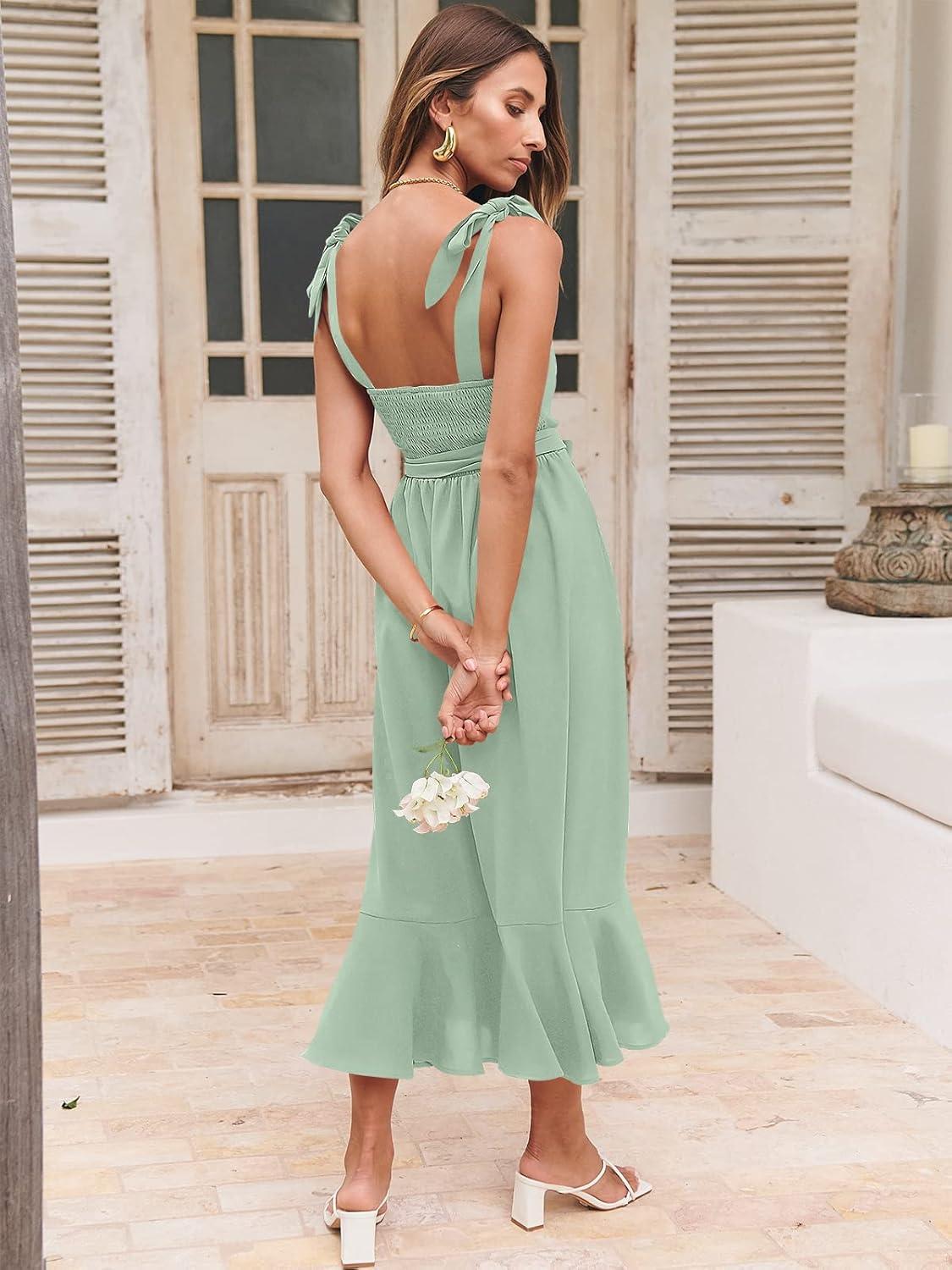 imageANRABESS Womens Square Neck Ruffle Split Midi Elegant Formal Wedding Guest Cocktail Bridesmaid Graduation Party DressesLight Green