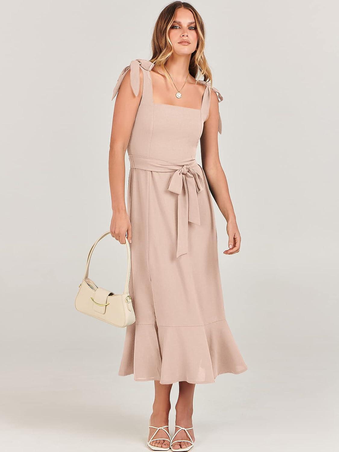 imageANRABESS Womens Square Neck Ruffle Split Midi Elegant Formal Wedding Guest Cocktail Bridesmaid Graduation Party DressesLight Pink