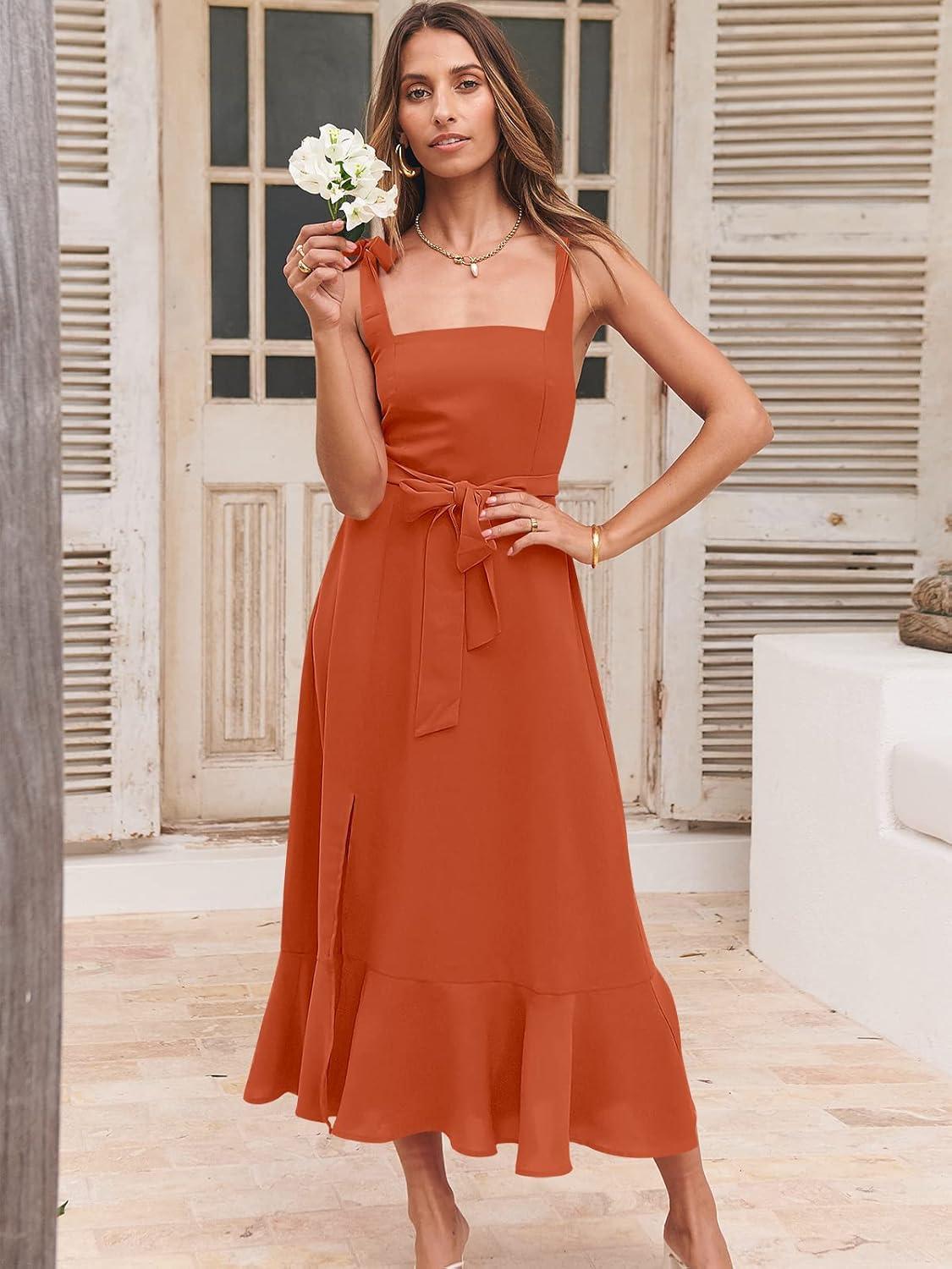 imageANRABESS Womens Square Neck Ruffle Split Midi Elegant Formal Wedding Guest Cocktail Bridesmaid Graduation Party DressesOrange