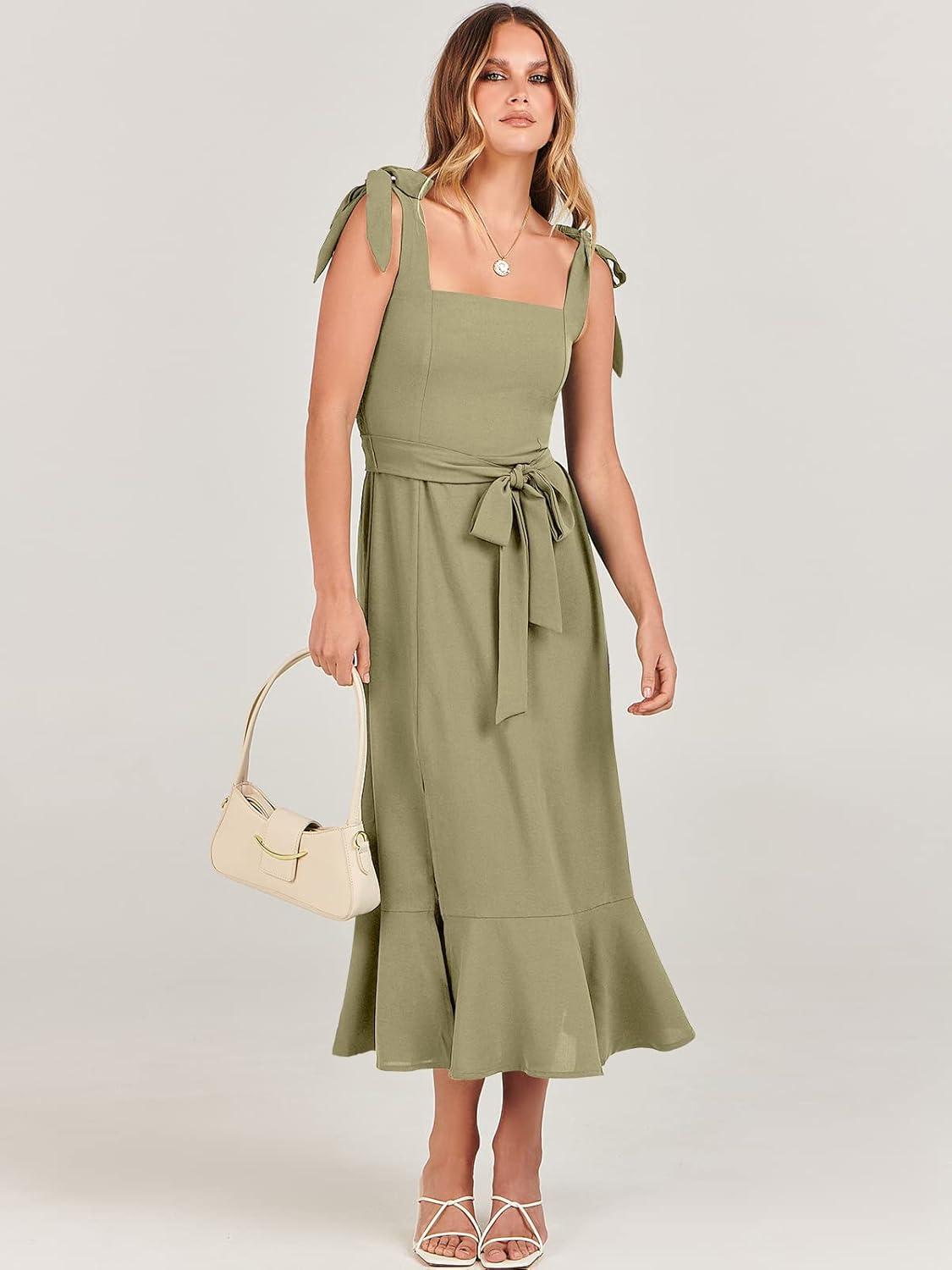 imageANRABESS Womens Square Neck Ruffle Split Midi Elegant Formal Wedding Guest Cocktail Bridesmaid Graduation Party DressesPea Green