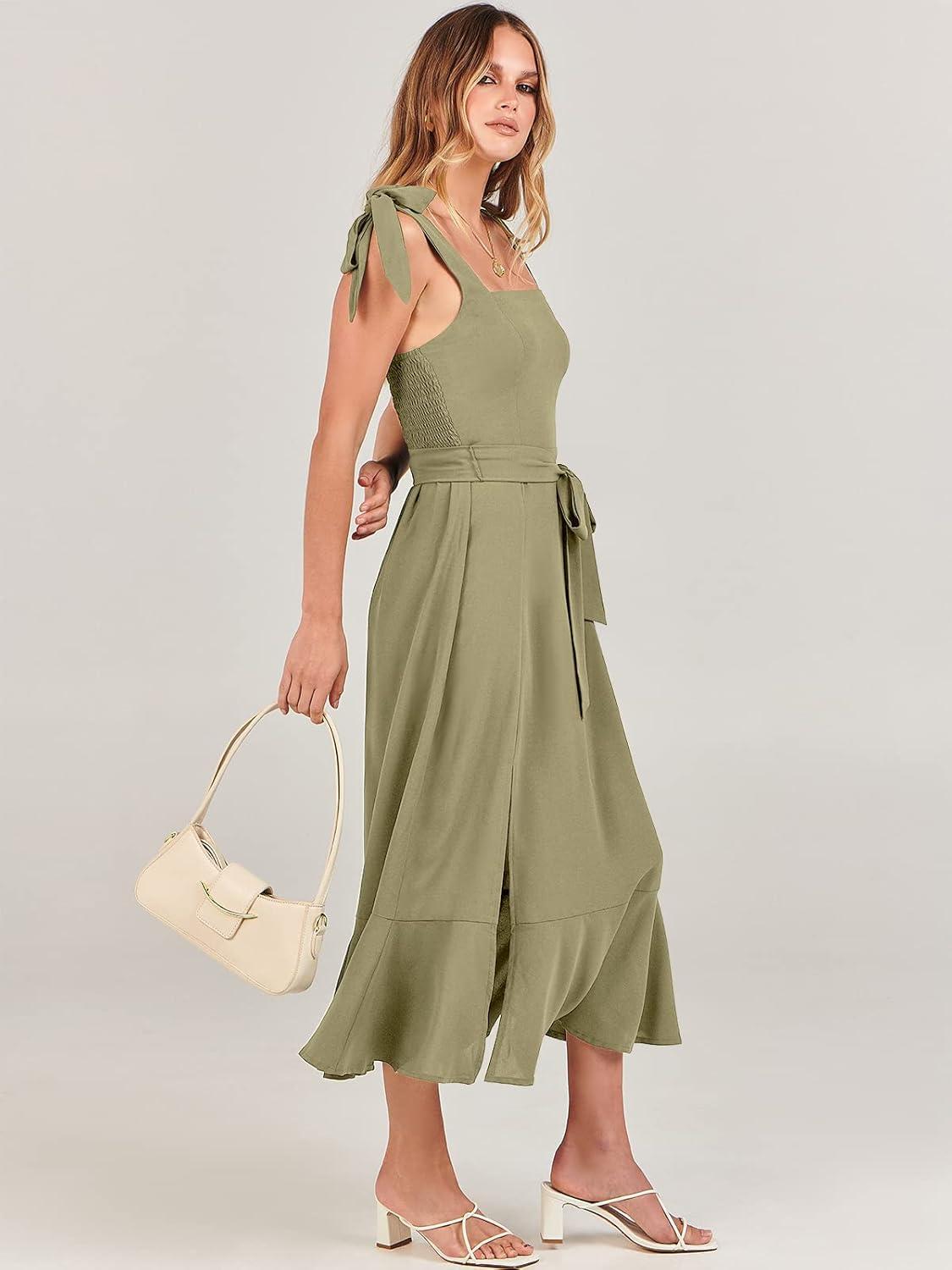 imageANRABESS Womens Square Neck Ruffle Split Midi Elegant Formal Wedding Guest Cocktail Bridesmaid Graduation Party DressesPea Green