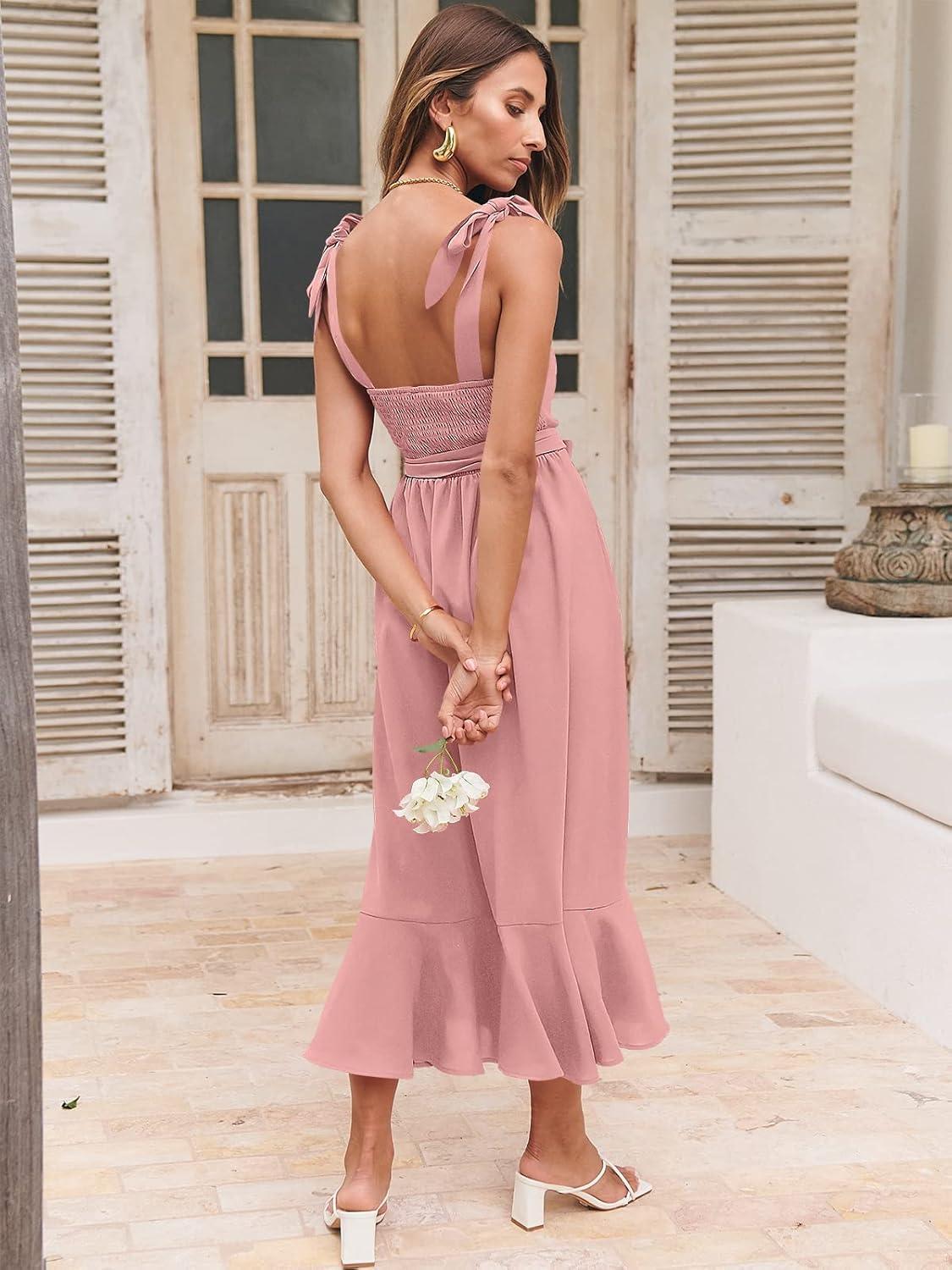 imageANRABESS Womens Square Neck Ruffle Split Midi Elegant Formal Wedding Guest Cocktail Bridesmaid Graduation Party DressesPink