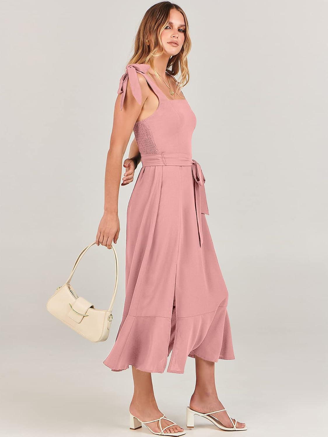 imageANRABESS Womens Square Neck Ruffle Split Midi Elegant Formal Wedding Guest Cocktail Bridesmaid Graduation Party DressesPink