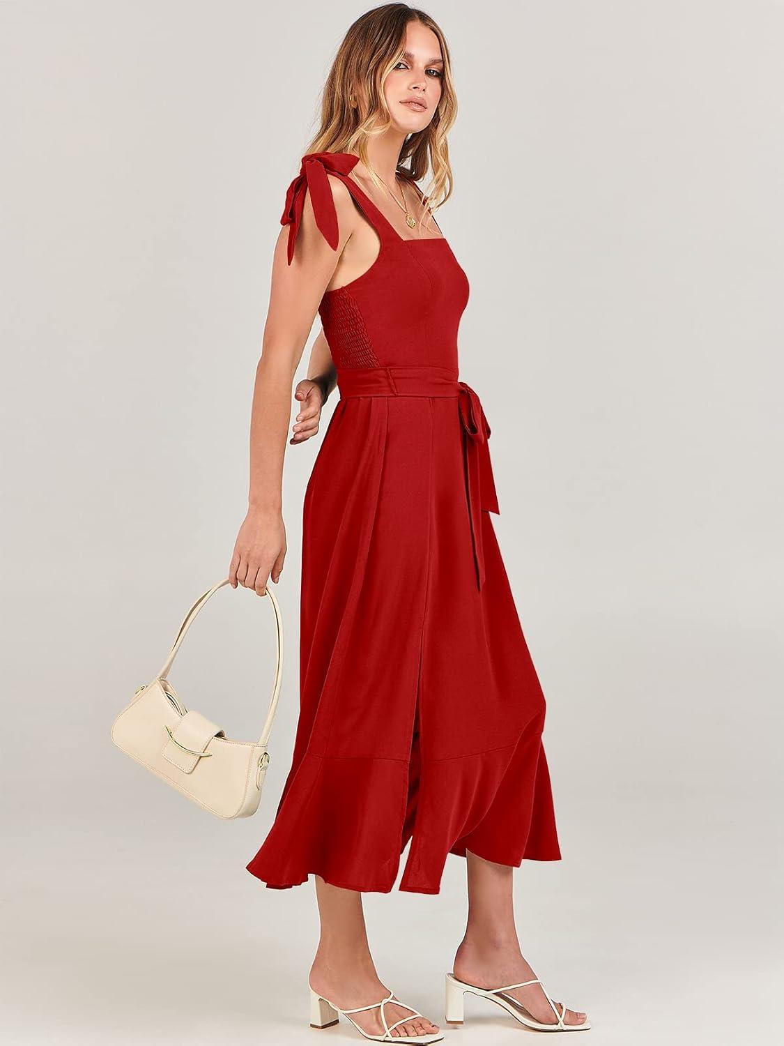 imageANRABESS Womens Square Neck Ruffle Split Midi Elegant Formal Wedding Guest Cocktail Bridesmaid Graduation Party DressesRed