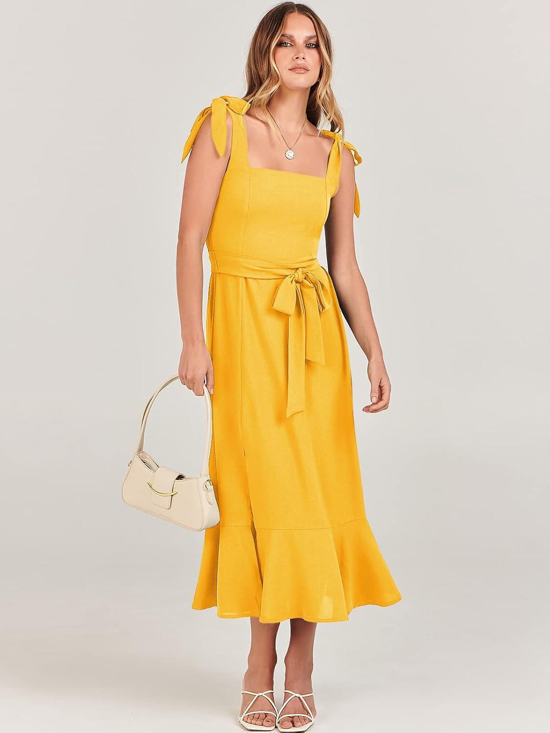 imageANRABESS Womens Square Neck Ruffle Split Midi Elegant Formal Wedding Guest Cocktail Bridesmaid Graduation Party DressesYellow