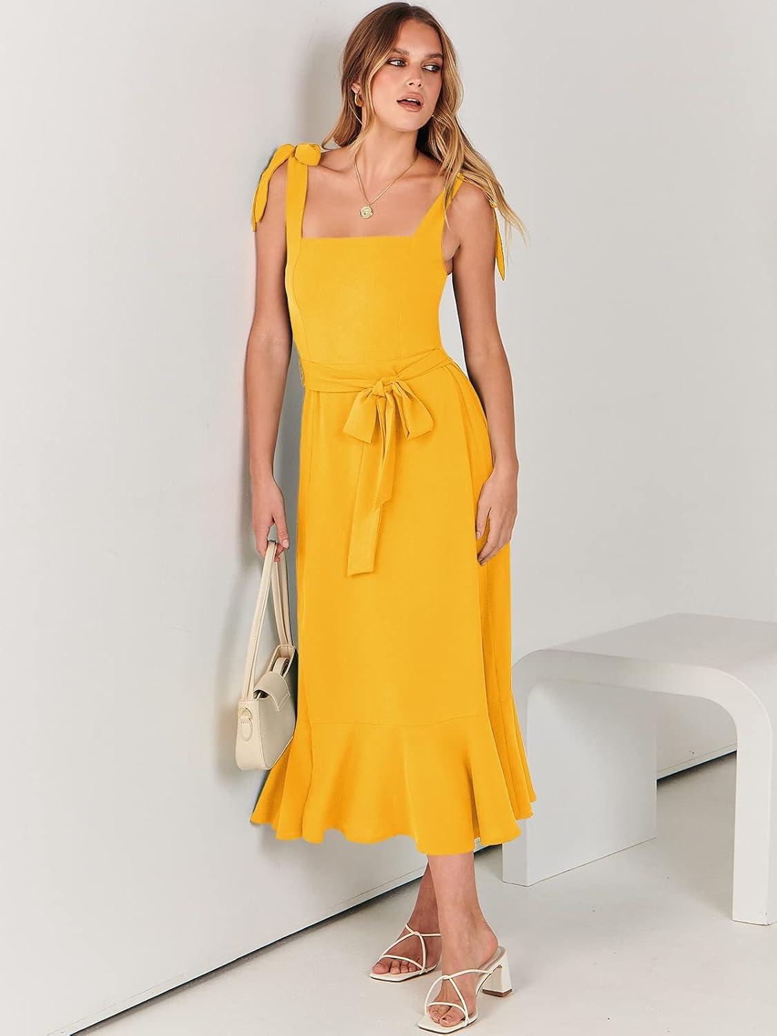 imageANRABESS Womens Square Neck Ruffle Split Midi Elegant Formal Wedding Guest Cocktail Bridesmaid Graduation Party DressesYellow