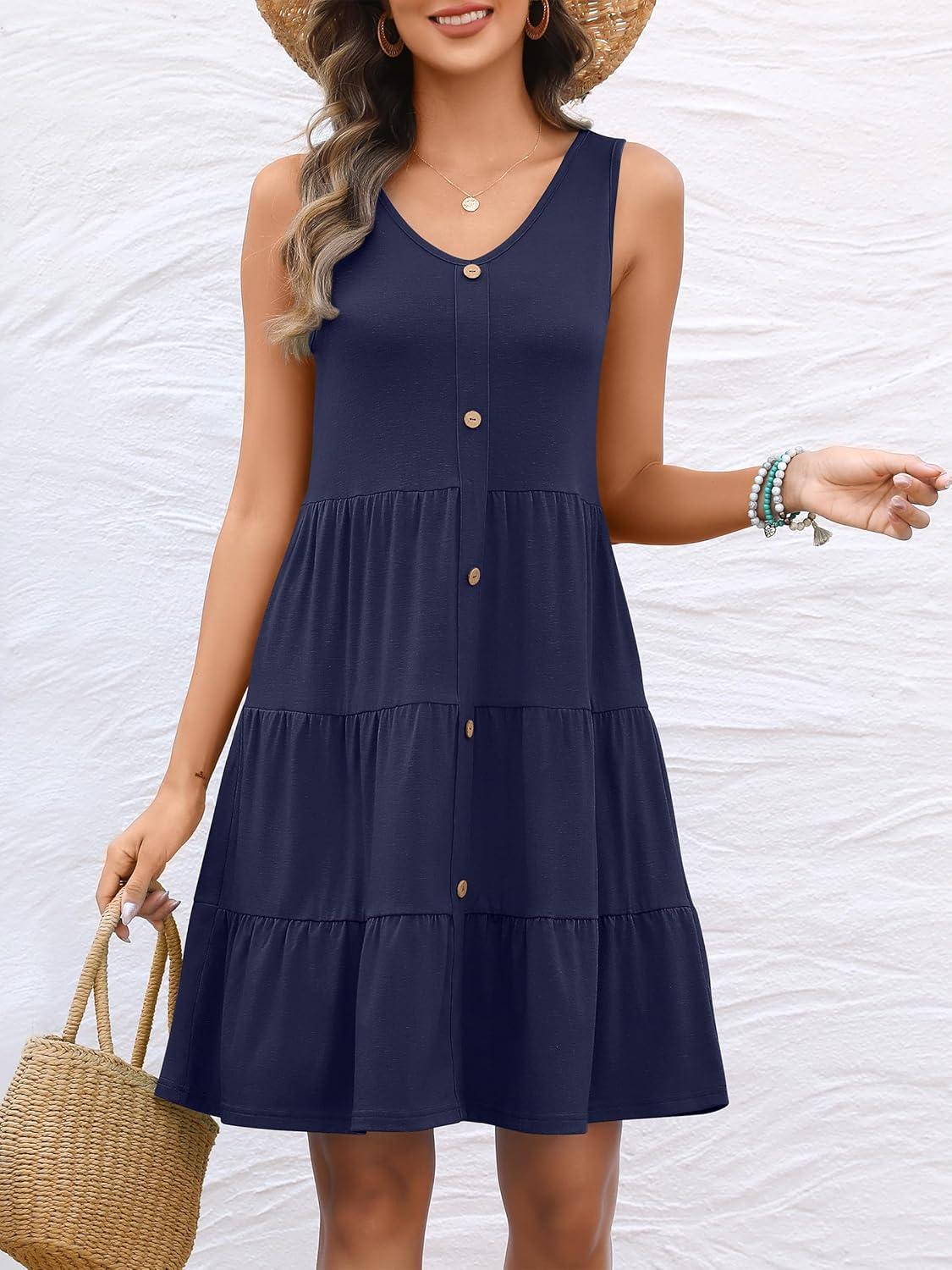 imageANRABESS Womens Summer Beach Vacation Dresses V Neck Sleeveless Casual Button Down A Line Swing Mini Sundresses with PocketsDeep Blue