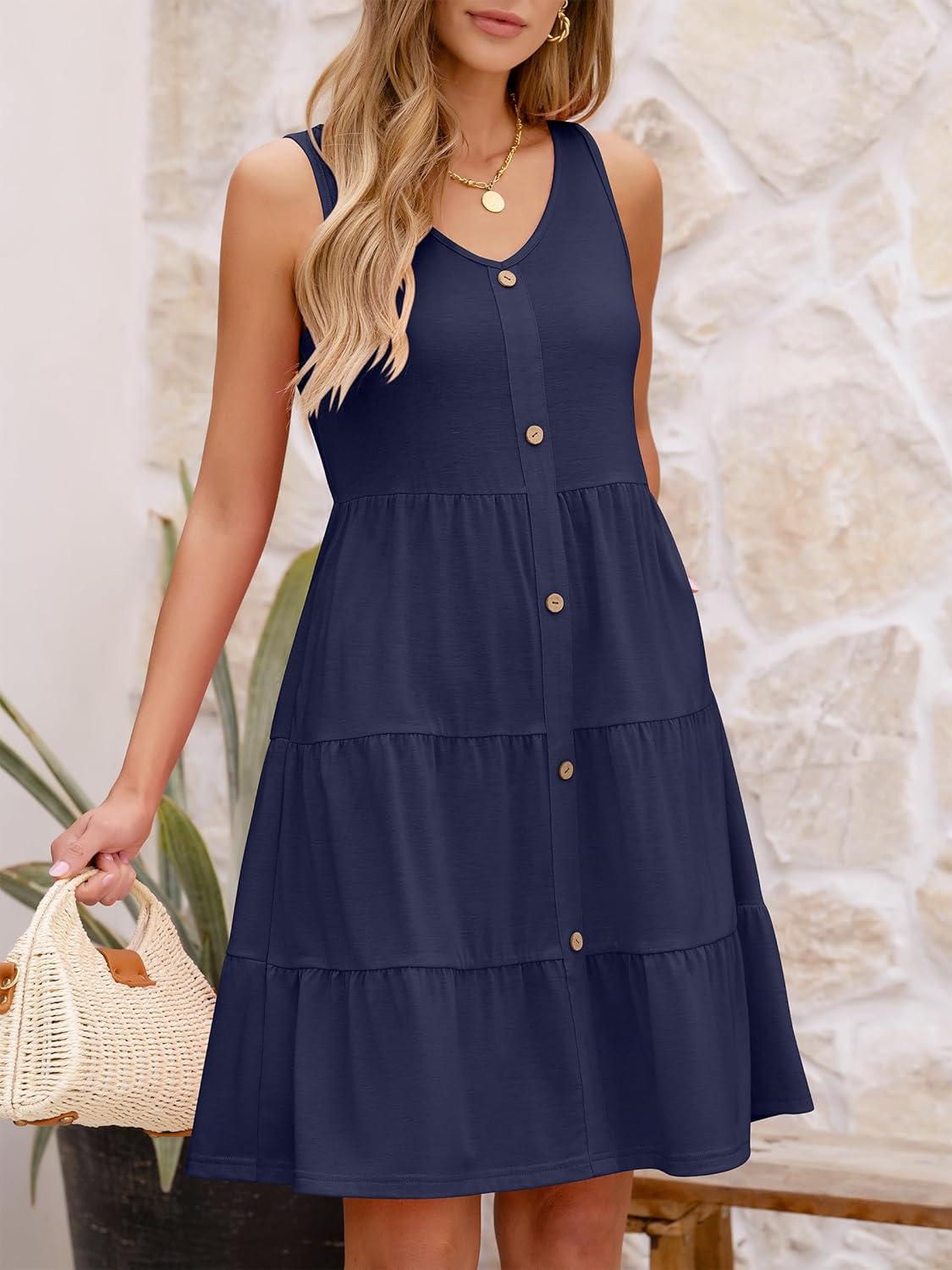 imageANRABESS Womens Summer Beach Vacation Dresses V Neck Sleeveless Casual Button Down A Line Swing Mini Sundresses with PocketsDeep Blue