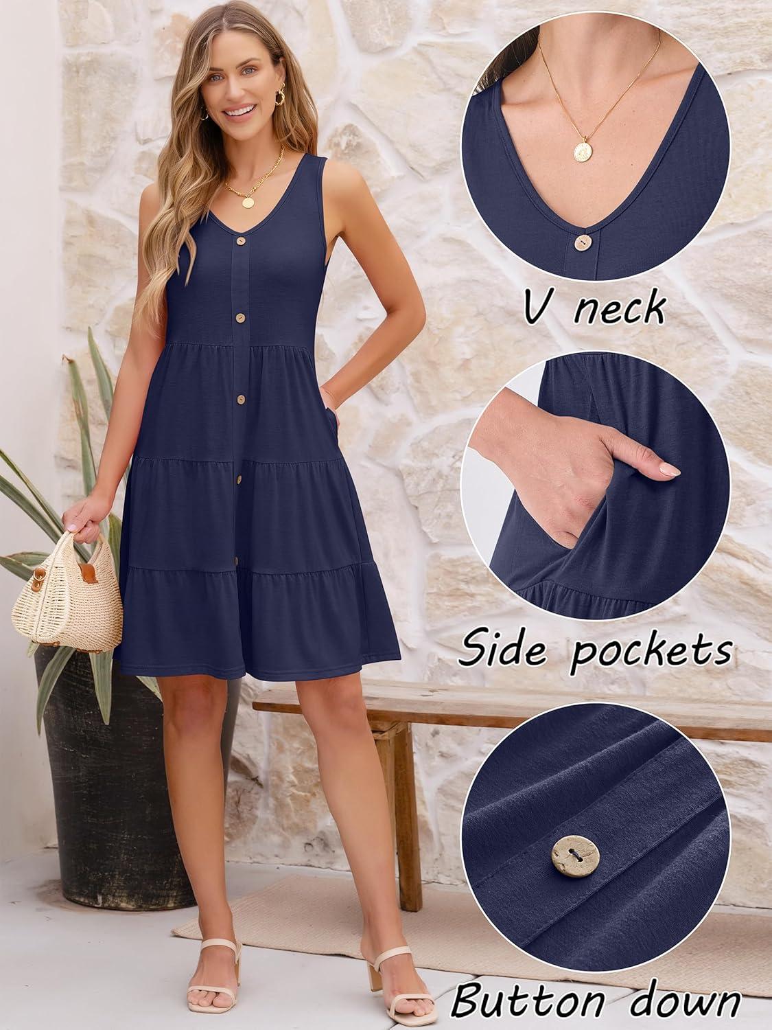 imageANRABESS Womens Summer Beach Vacation Dresses V Neck Sleeveless Casual Button Down A Line Swing Mini Sundresses with PocketsDeep Blue