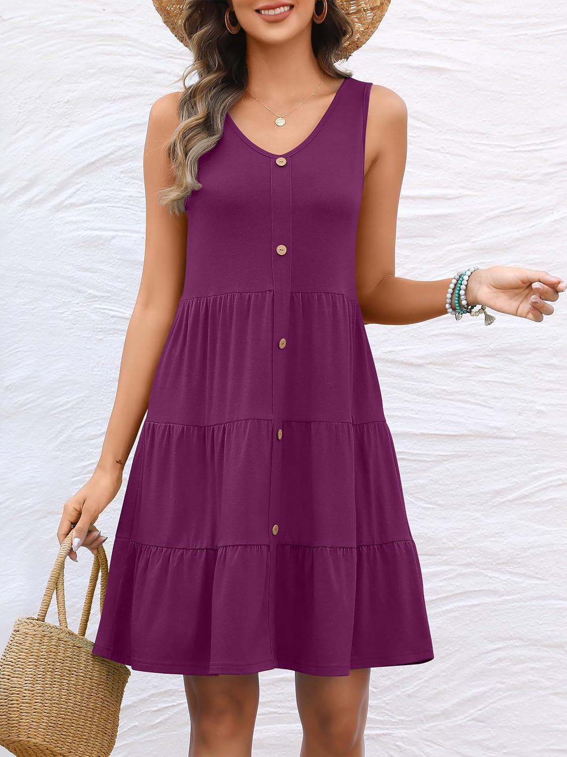 imageANRABESS Womens Summer Beach Vacation Dresses V Neck Sleeveless Casual Button Down A Line Swing Mini Sundresses with PocketsDeep Purple