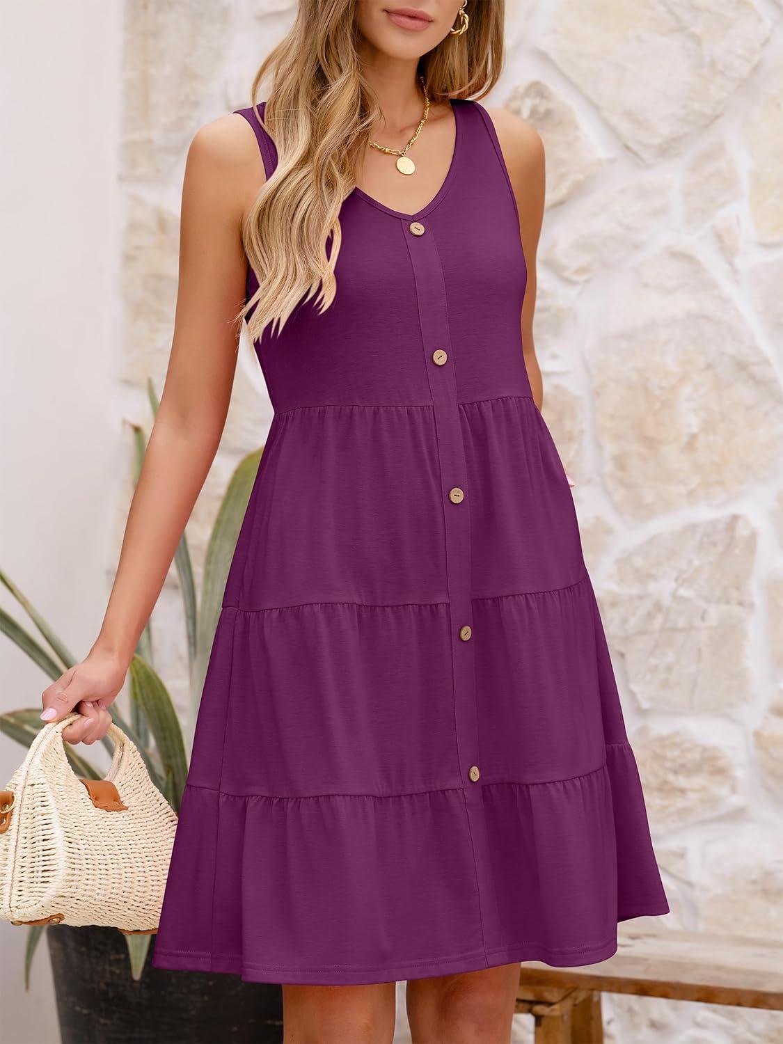imageANRABESS Womens Summer Beach Vacation Dresses V Neck Sleeveless Casual Button Down A Line Swing Mini Sundresses with PocketsDeep Purple