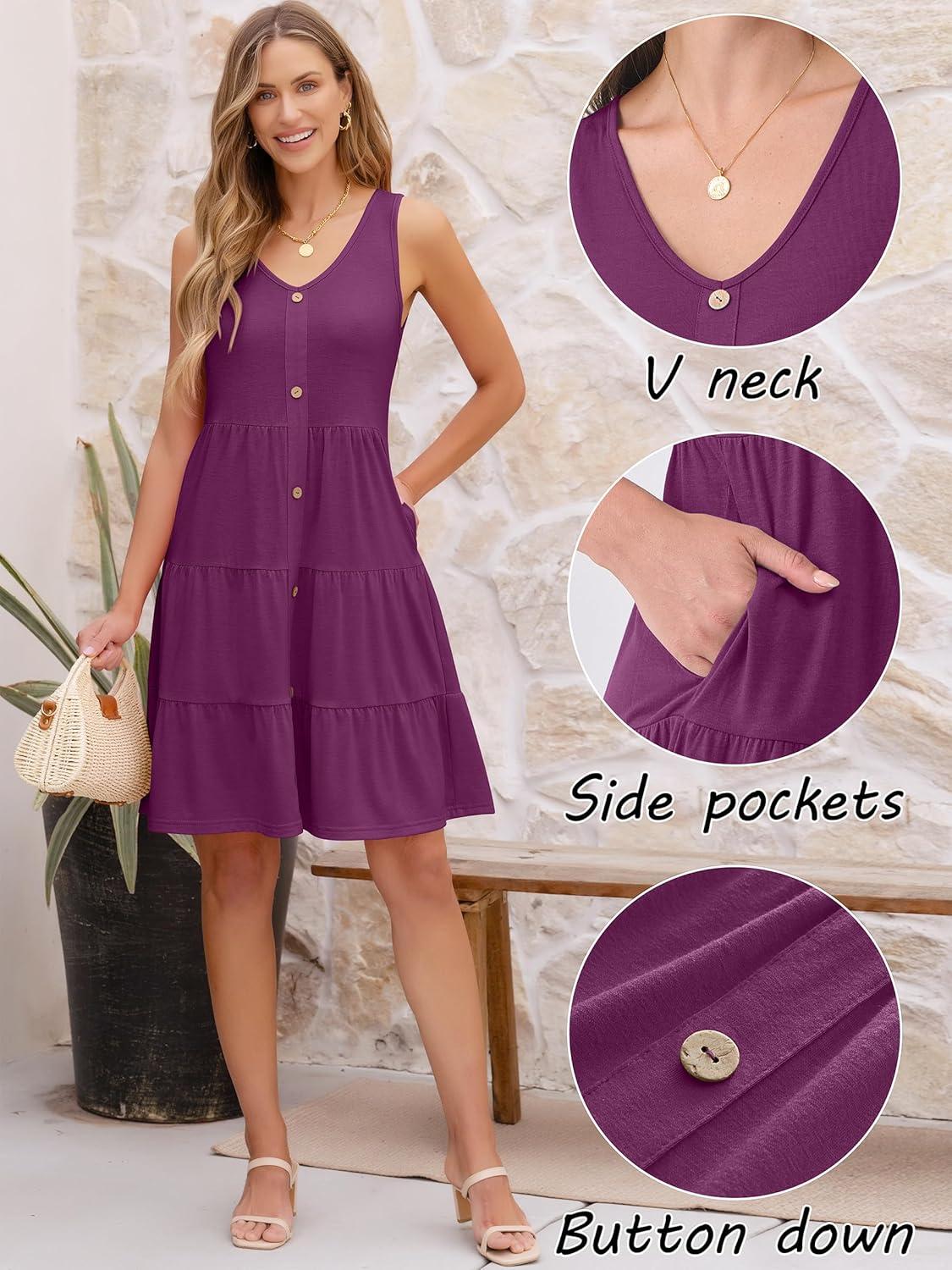 imageANRABESS Womens Summer Beach Vacation Dresses V Neck Sleeveless Casual Button Down A Line Swing Mini Sundresses with PocketsDeep Purple