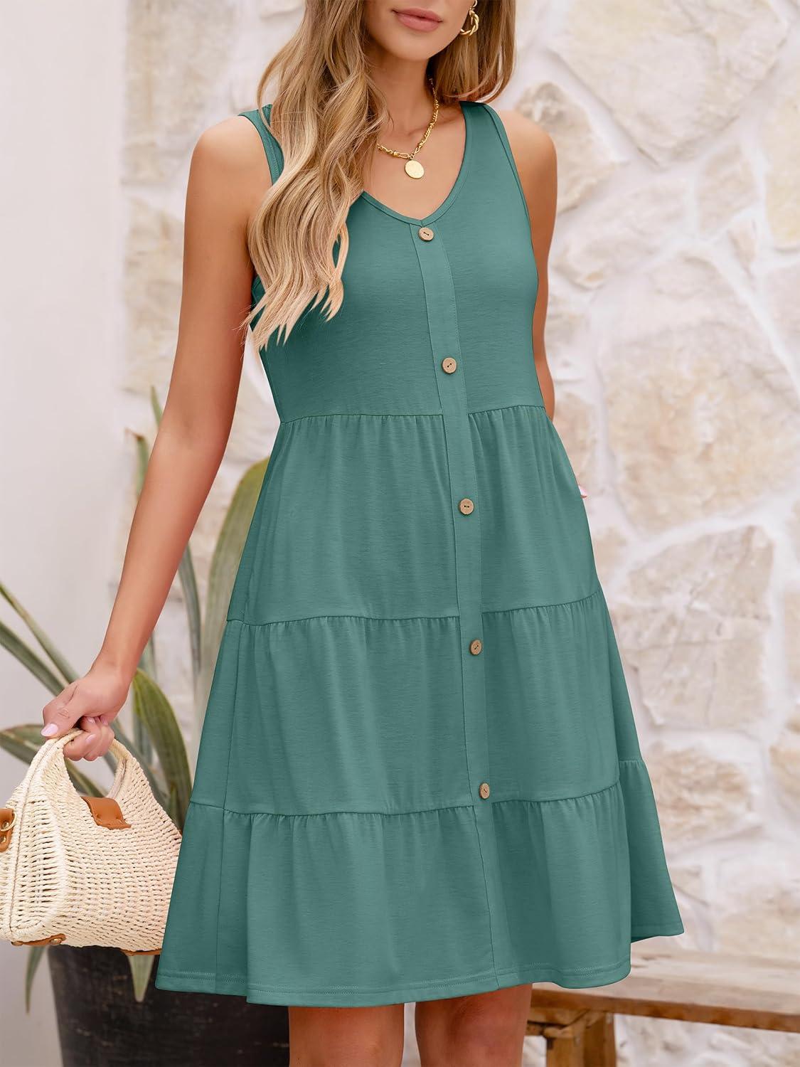 imageANRABESS Womens Summer Beach Vacation Dresses V Neck Sleeveless Casual Button Down A Line Swing Mini Sundresses with PocketsGrass Green