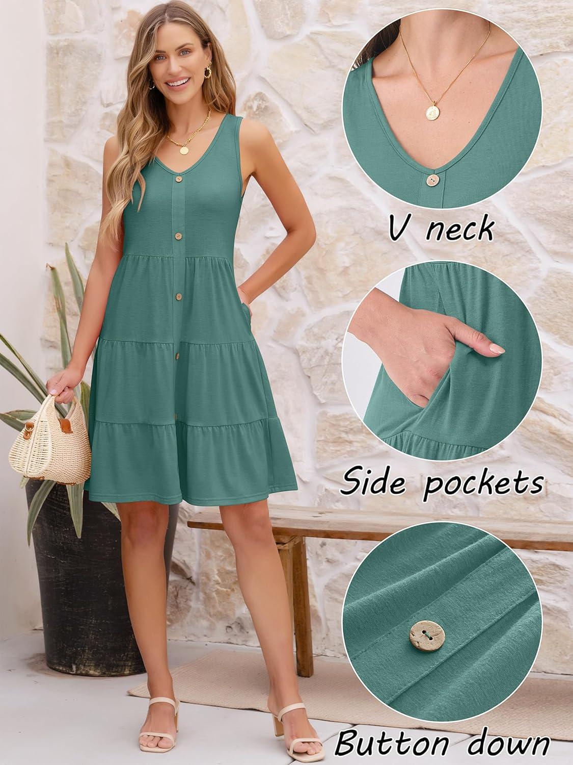 imageANRABESS Womens Summer Beach Vacation Dresses V Neck Sleeveless Casual Button Down A Line Swing Mini Sundresses with PocketsGrass Green