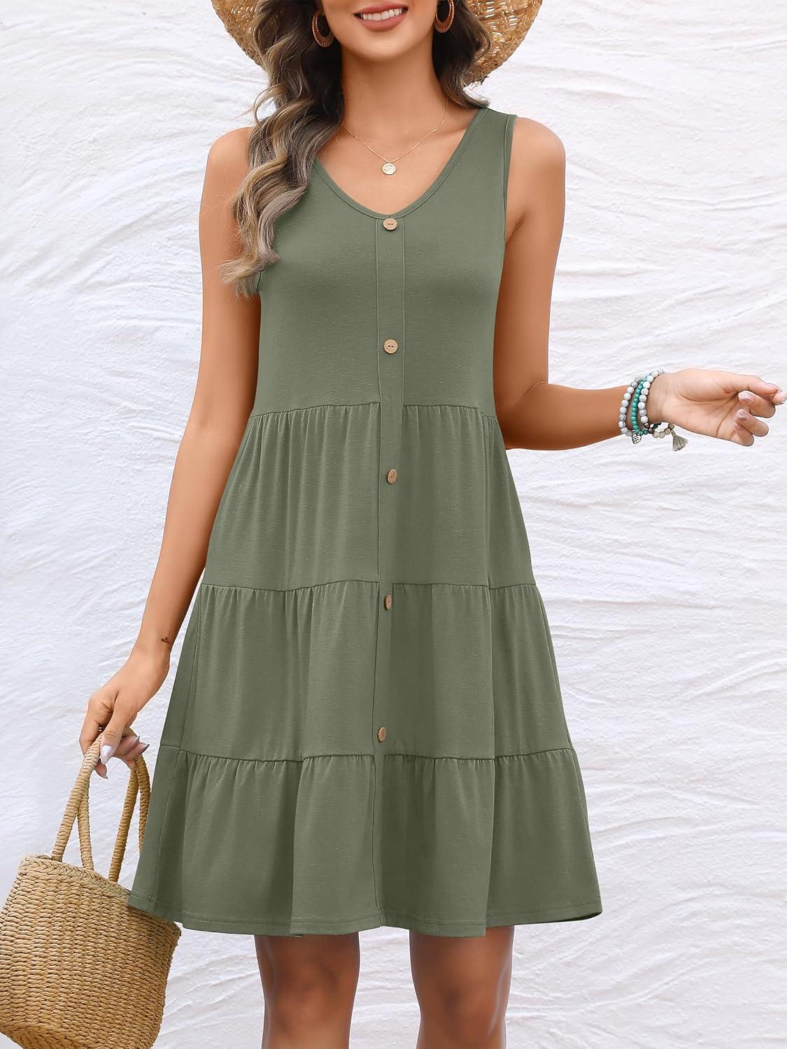 imageANRABESS Womens Summer Beach Vacation Dresses V Neck Sleeveless Casual Button Down A Line Swing Mini Sundresses with PocketsOlive
