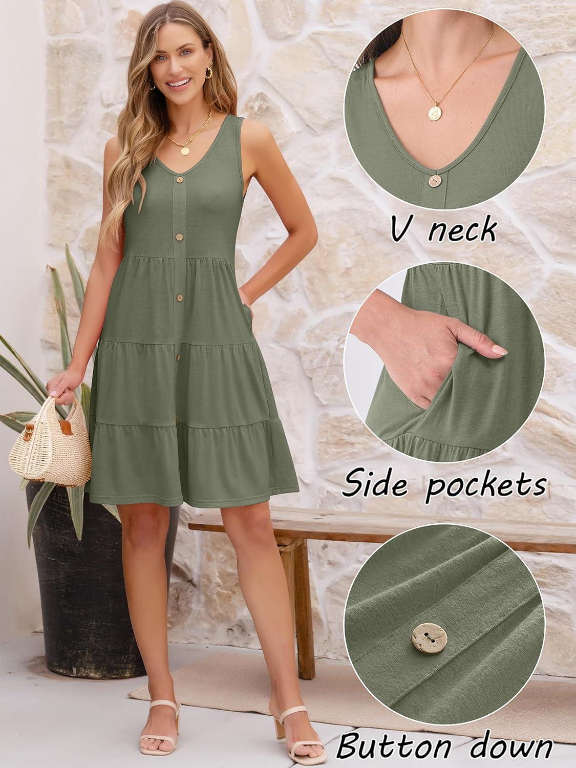 imageANRABESS Womens Summer Beach Vacation Dresses V Neck Sleeveless Casual Button Down A Line Swing Mini Sundresses with PocketsOlive