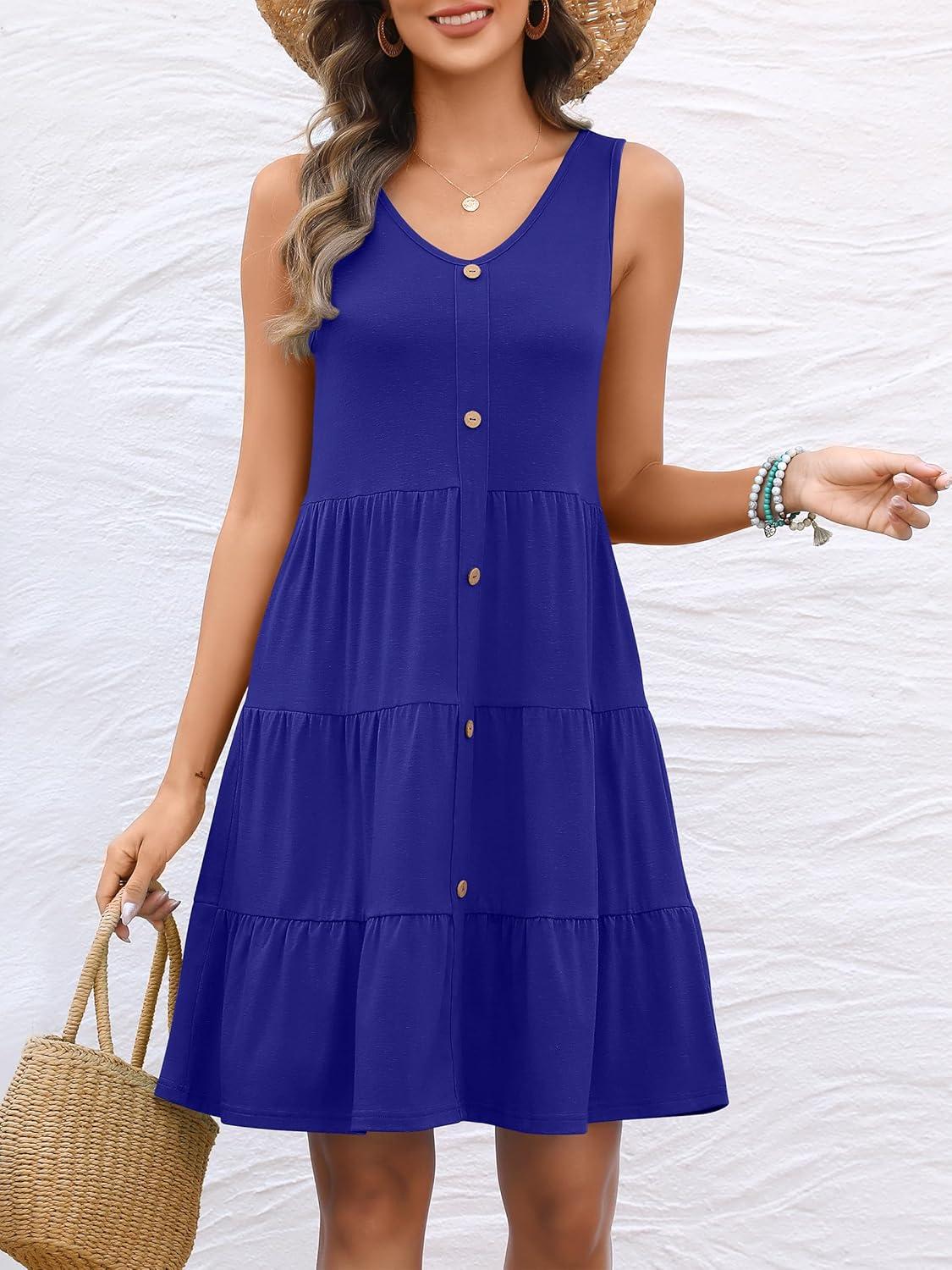 imageANRABESS Womens Summer Beach Vacation Dresses V Neck Sleeveless Casual Button Down A Line Swing Mini Sundresses with PocketsRoyal Blue