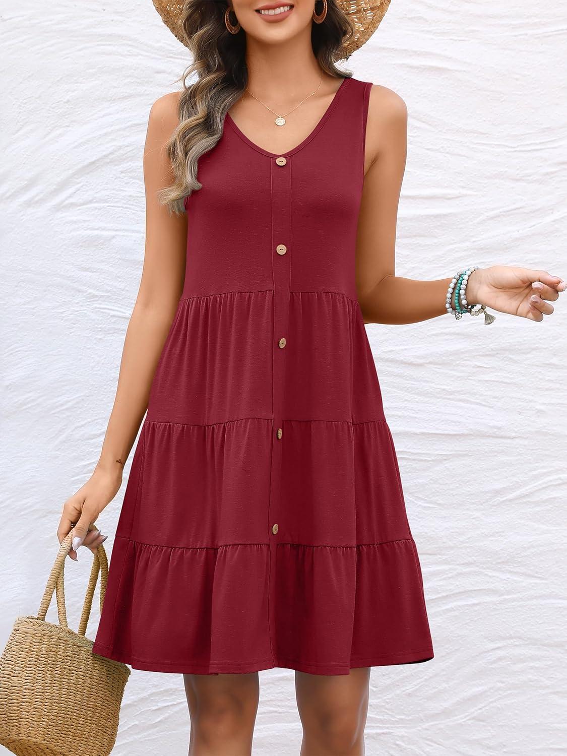 imageANRABESS Womens Summer Beach Vacation Dresses V Neck Sleeveless Casual Button Down A Line Swing Mini Sundresses with PocketsWine Red