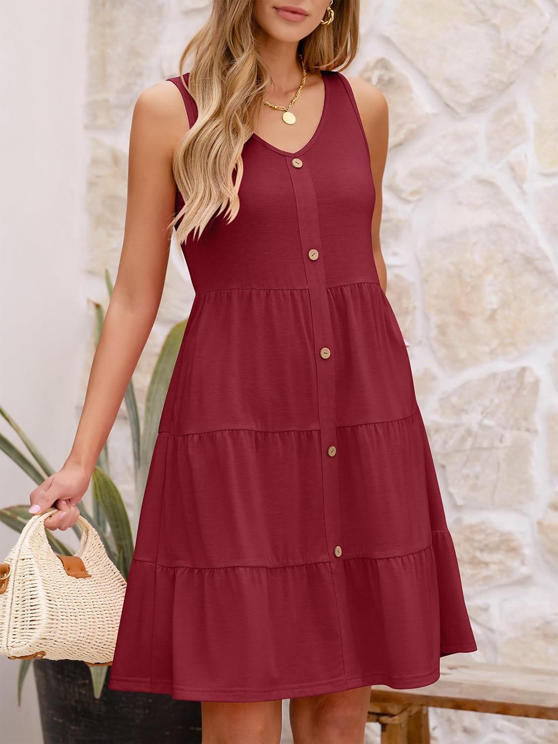 imageANRABESS Womens Summer Beach Vacation Dresses V Neck Sleeveless Casual Button Down A Line Swing Mini Sundresses with PocketsWine Red