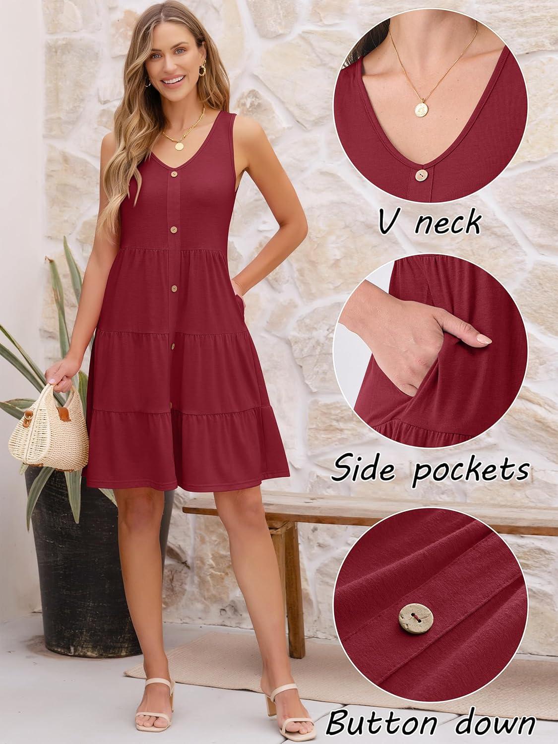 imageANRABESS Womens Summer Beach Vacation Dresses V Neck Sleeveless Casual Button Down A Line Swing Mini Sundresses with PocketsWine Red