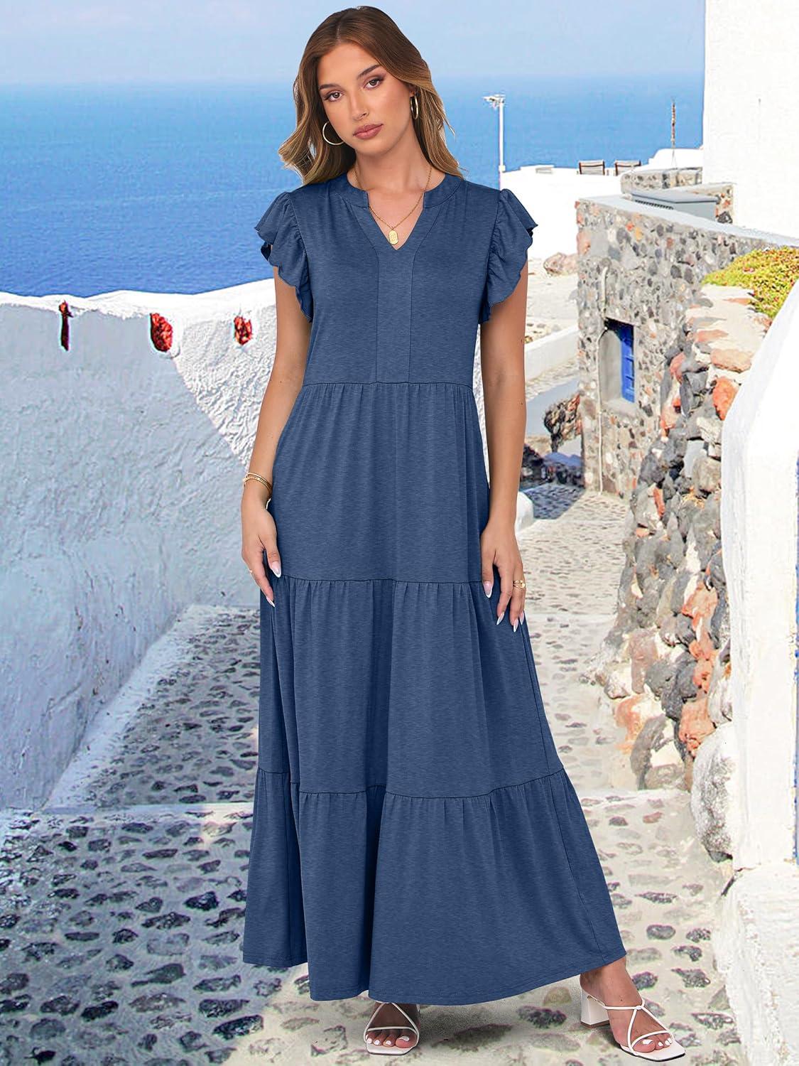 imageANRABESS Womens Summer Casual Maxi Dress V Neck Ruffle Sleeve Long Dresses Fashion Flowy Tiered Boho Beach Vacation SundressBlue