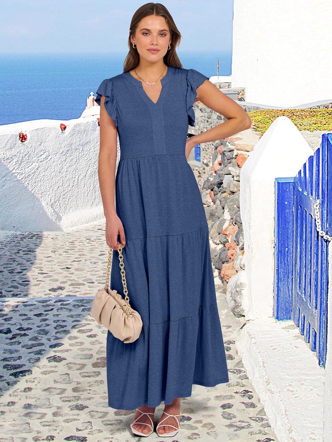 imageANRABESS Womens Summer Casual Maxi Dress V Neck Ruffle Sleeve Long Dresses Fashion Flowy Tiered Boho Beach Vacation SundressBlue