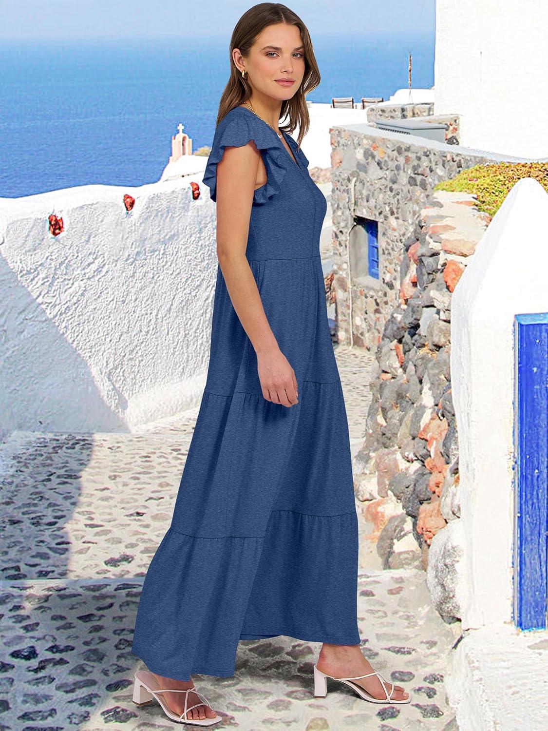 imageANRABESS Womens Summer Casual Maxi Dress V Neck Ruffle Sleeve Long Dresses Fashion Flowy Tiered Boho Beach Vacation SundressBlue