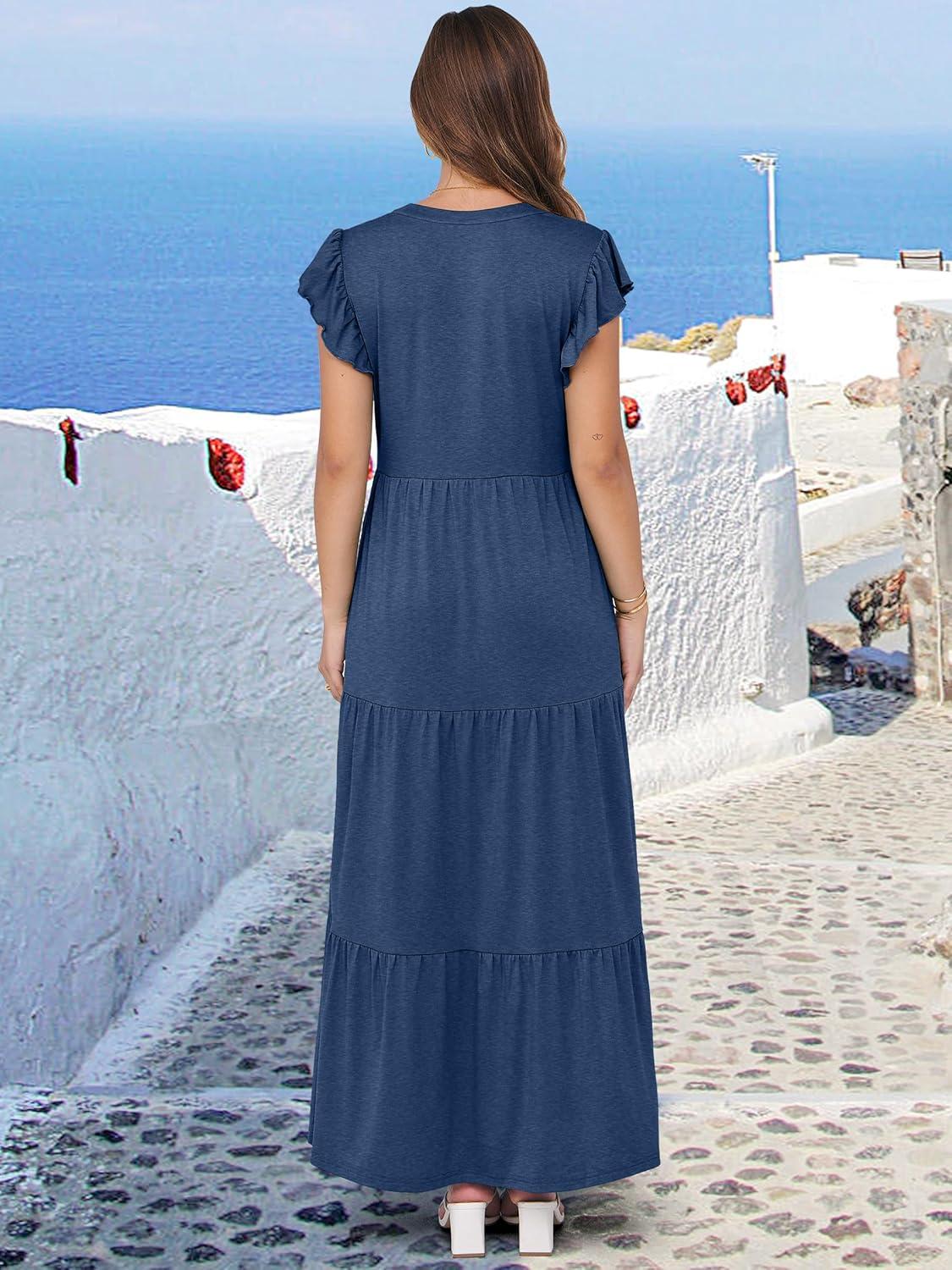imageANRABESS Womens Summer Casual Maxi Dress V Neck Ruffle Sleeve Long Dresses Fashion Flowy Tiered Boho Beach Vacation SundressBlue