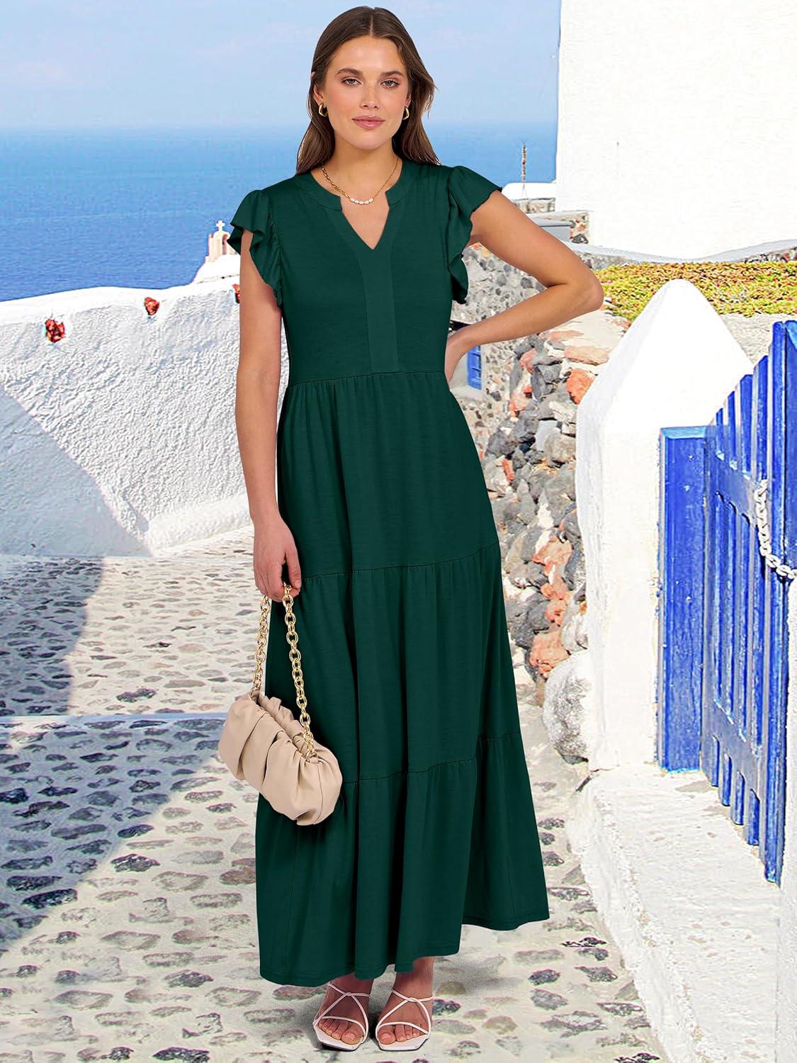 imageANRABESS Womens Summer Casual Maxi Dress V Neck Ruffle Sleeve Long Dresses Fashion Flowy Tiered Boho Beach Vacation SundressDeep Green