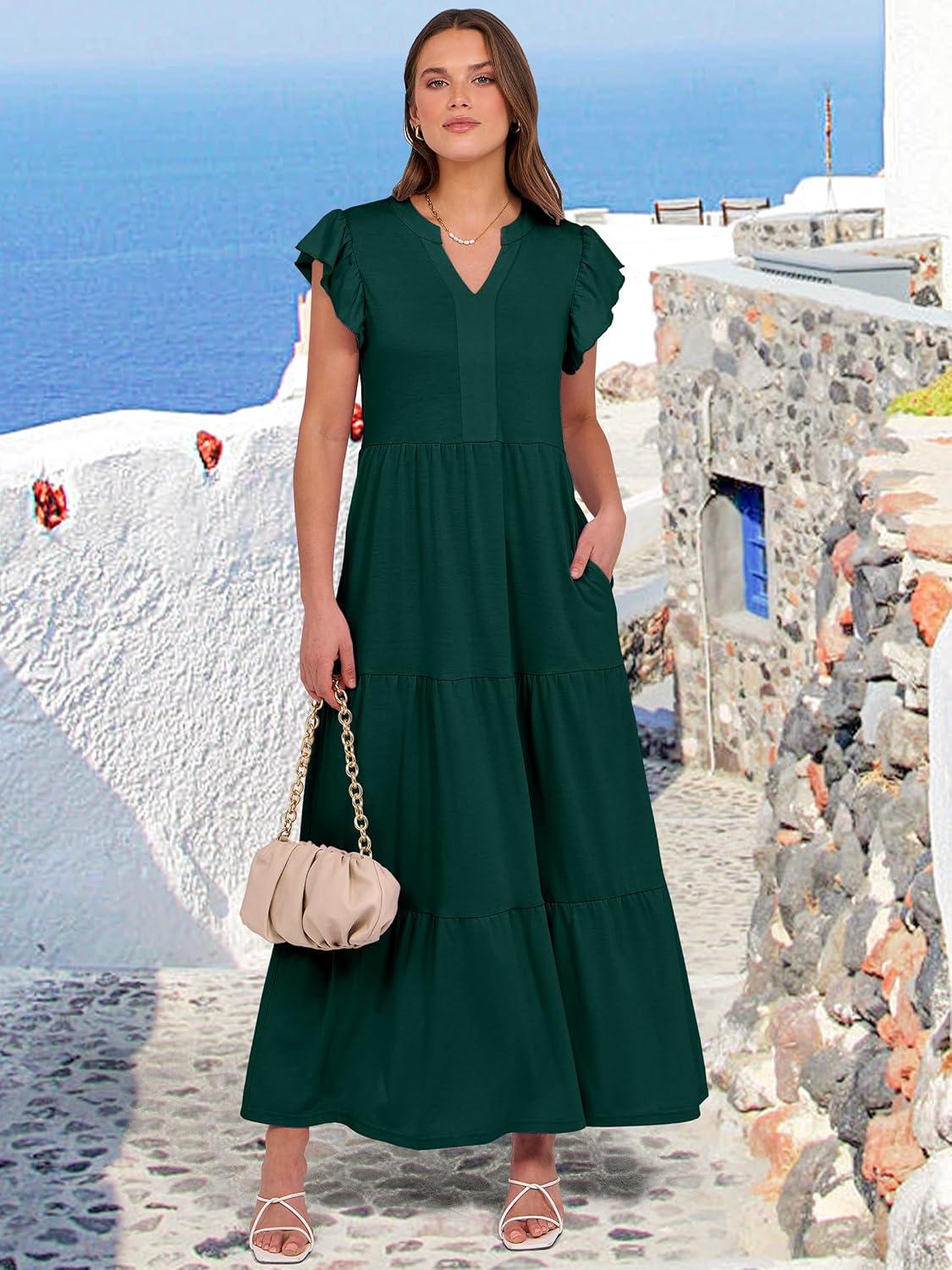 imageANRABESS Womens Summer Casual Maxi Dress V Neck Ruffle Sleeve Long Dresses Fashion Flowy Tiered Boho Beach Vacation SundressDeep Green