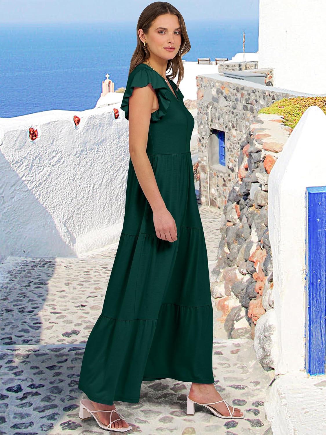 imageANRABESS Womens Summer Casual Maxi Dress V Neck Ruffle Sleeve Long Dresses Fashion Flowy Tiered Boho Beach Vacation SundressDeep Green